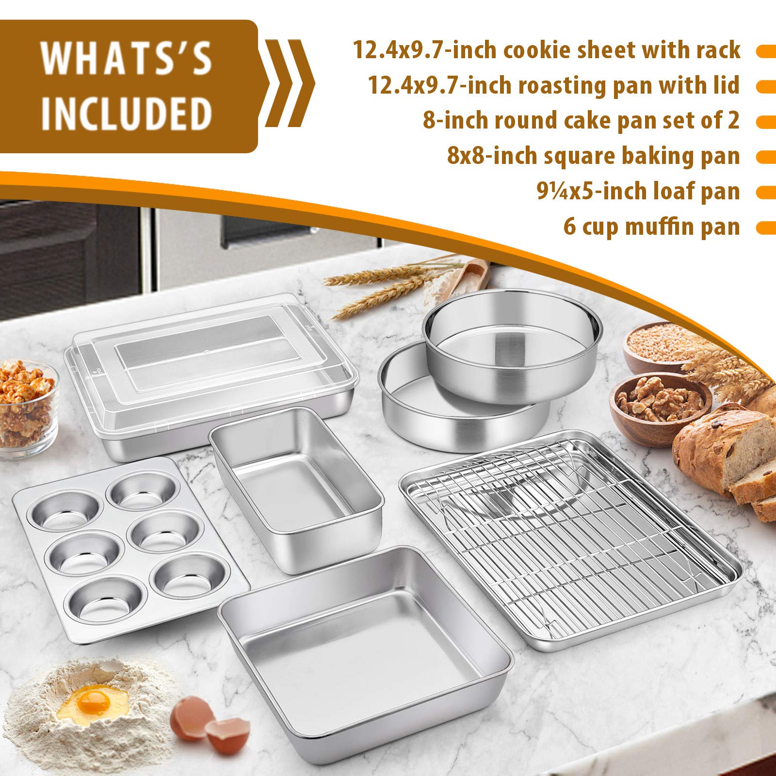 E-Far Stainless Steel Bakeware Set, Metal Baking Pan Set Of 9, Include Round/Square Cake Pans, Rectangle Baking Pan With Lid, Lo