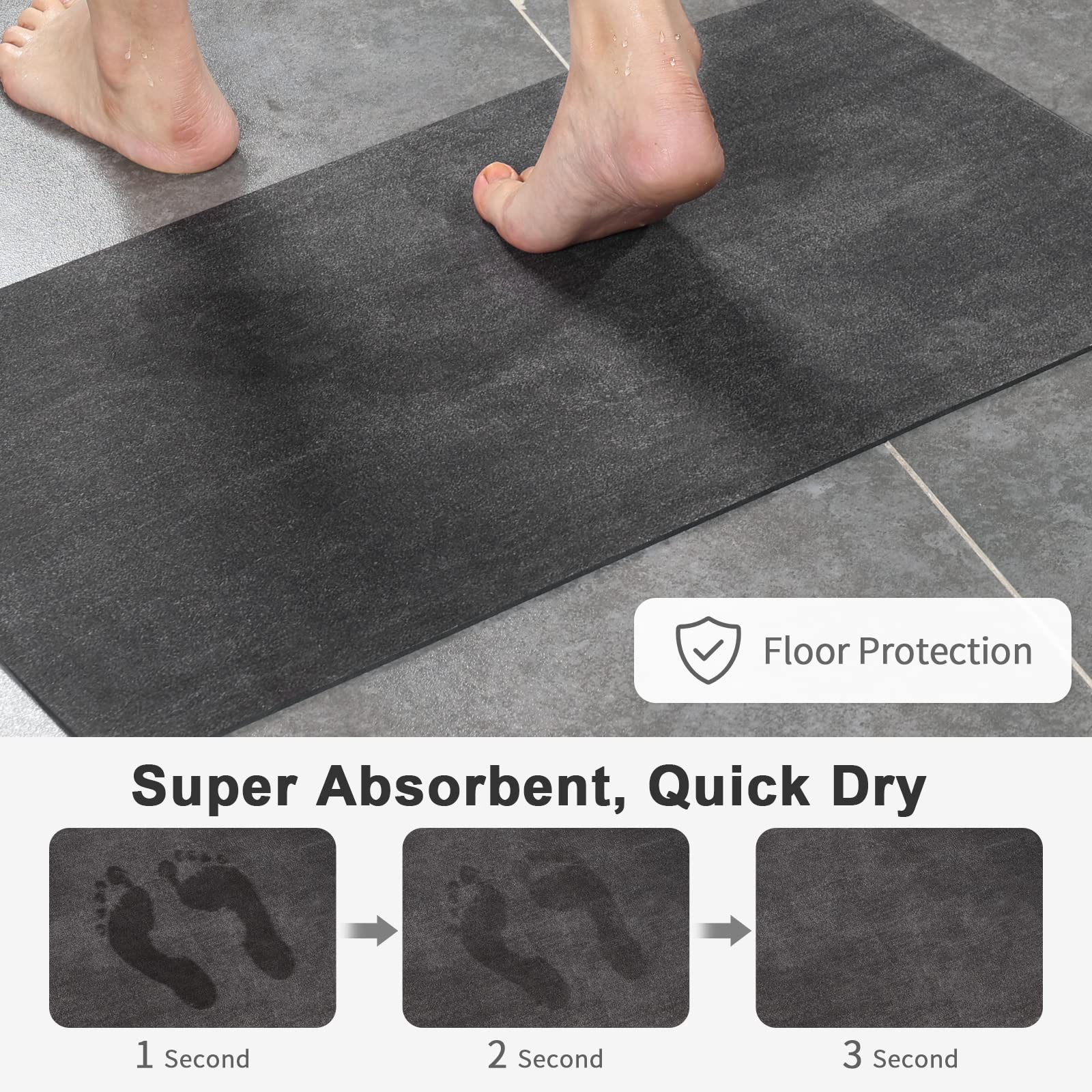 Stiio Bath Mat for Bathroom 17x29 inches  Super Absorbent Quick Dry Bath Rug  Rubber Non-Slip Thin Bathroom Rug Fit Under Door  Easy Clean Washable Shower Mat for Kitchen  Bathtub  Sink  Dark Grey