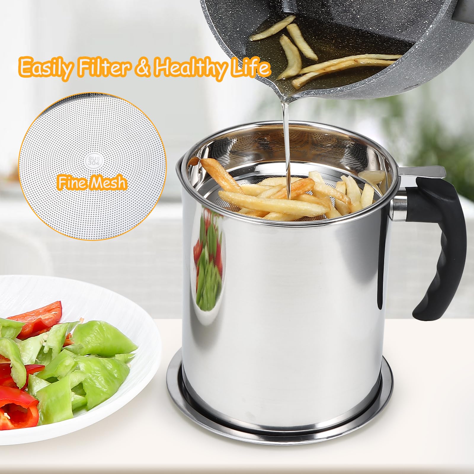 Kaemi 2.2L / 74Oz Bacon Grease Container With Strainer, Bacon Grease Keeper,Oil Storage Container For Kitchen,Filtered Oil Jug W