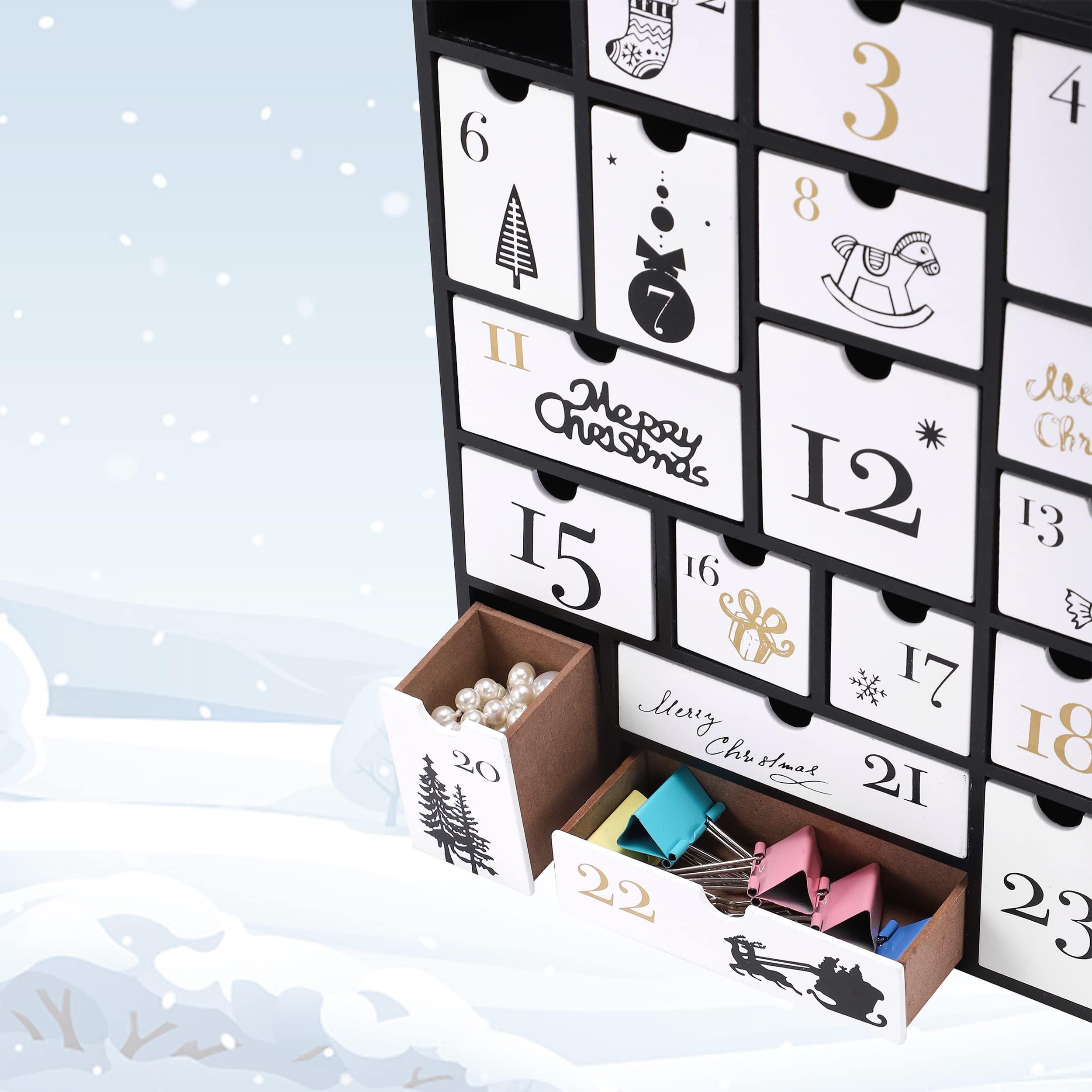 SUNGIFT Wooden Advent Calendar, Christmas Countdown Calendar Boxes with 24 Drawers and Numbers to Fill 2025, DIY Reusable Advent