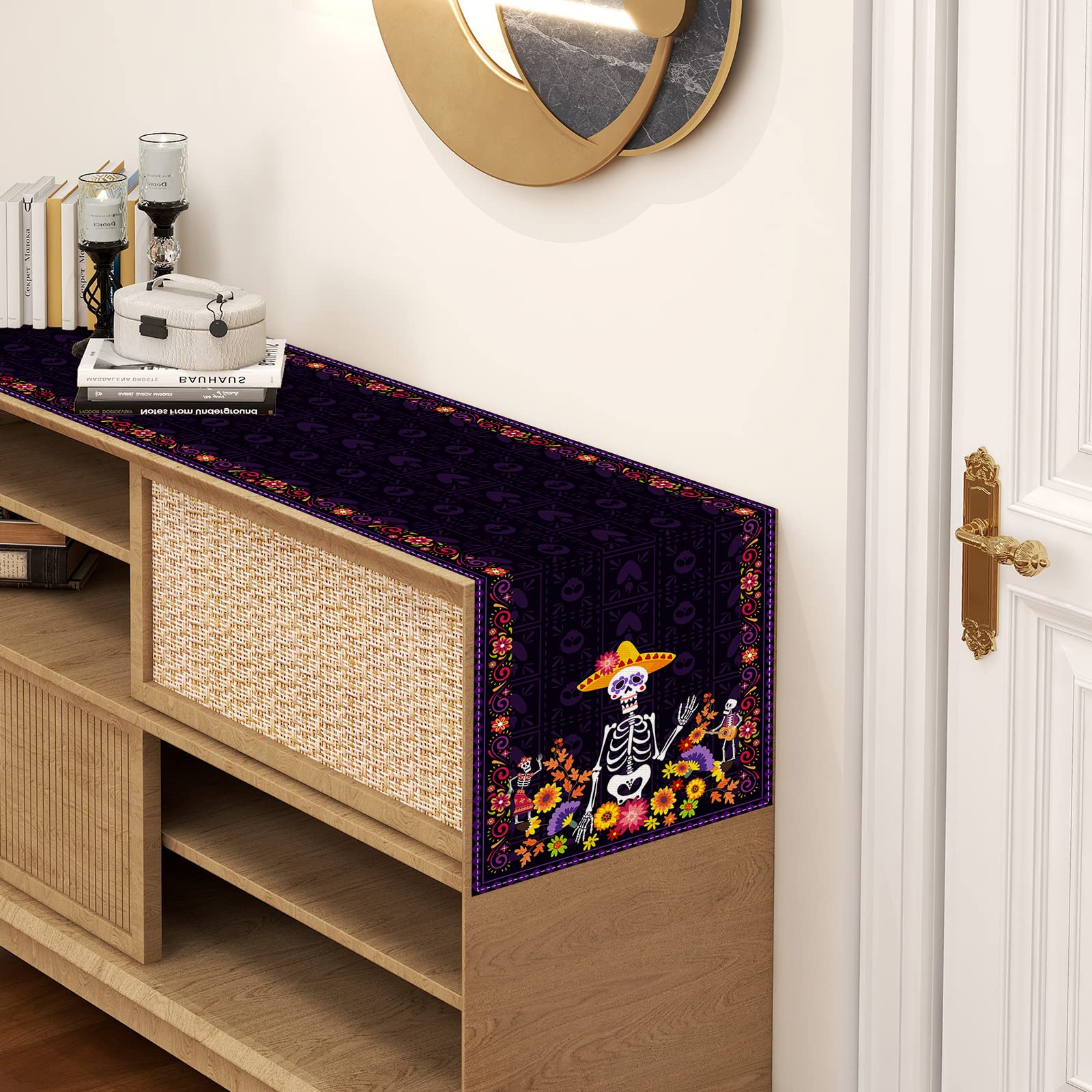 Linen Purple Day Of The Dead Table Runner Dia De Los Muertos Tablecloth Mexican Halloween Sugar Skull Home Kitchen Dining Table