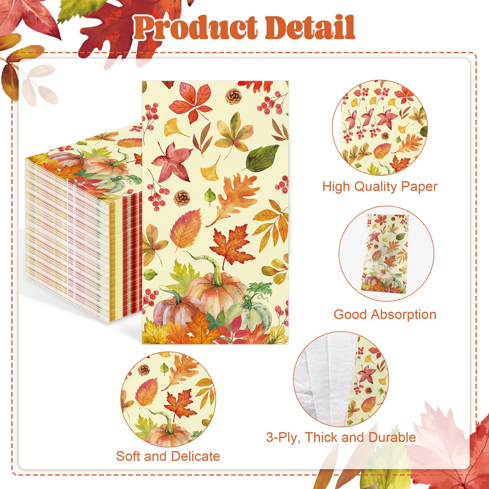 IANFEPH 100 Pcs Fall Napkins 3 Ply Disposable Bathroom Guest Paper Towels Thanksgiving Halloween Decorative Party Napkins for Ki