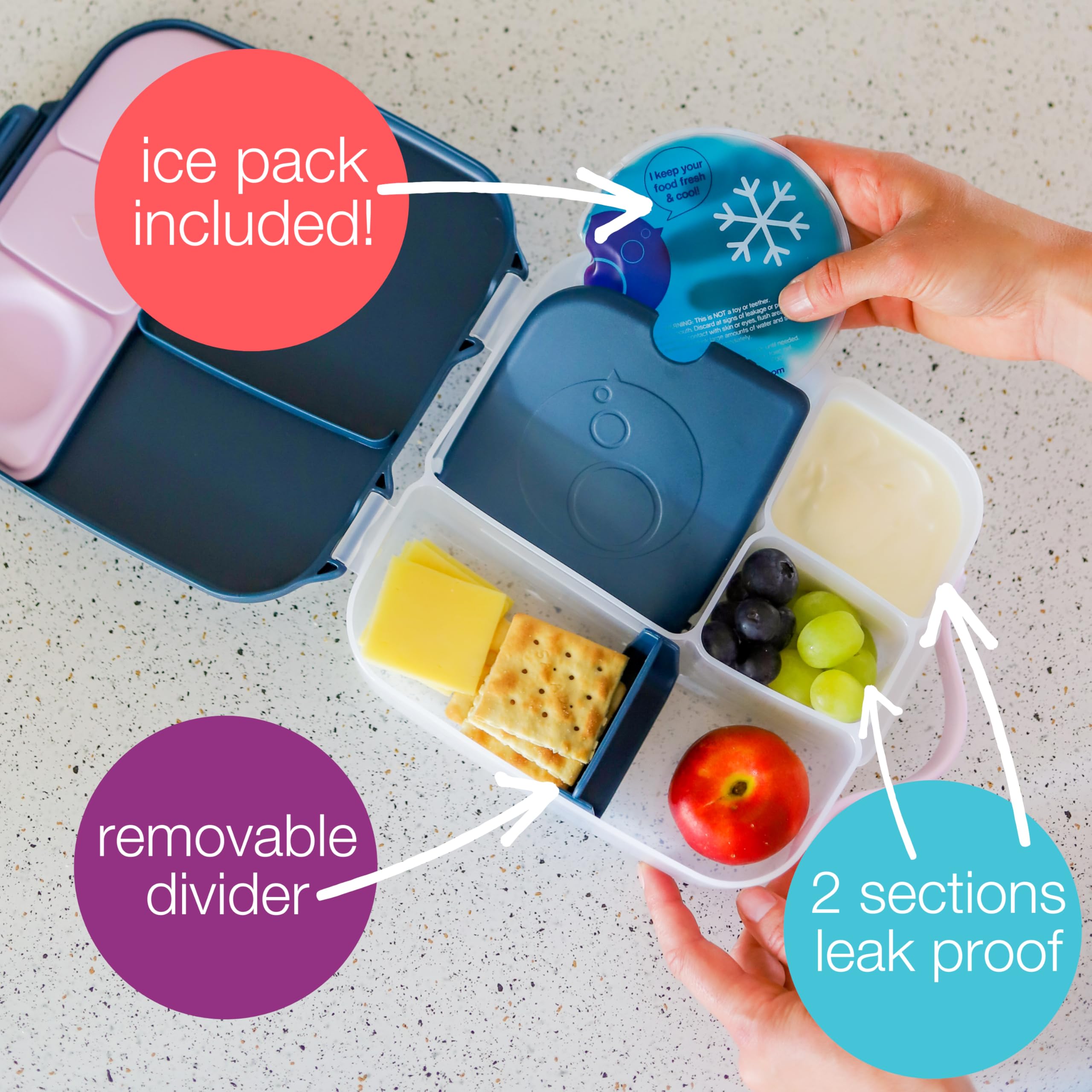 B.Box Lunch Box For Kids: Jumbo Bento Box W/ 4 Compartments (2 Leak Proof), Removable Divider, Gel Cold Pack. Older Kids & Big E