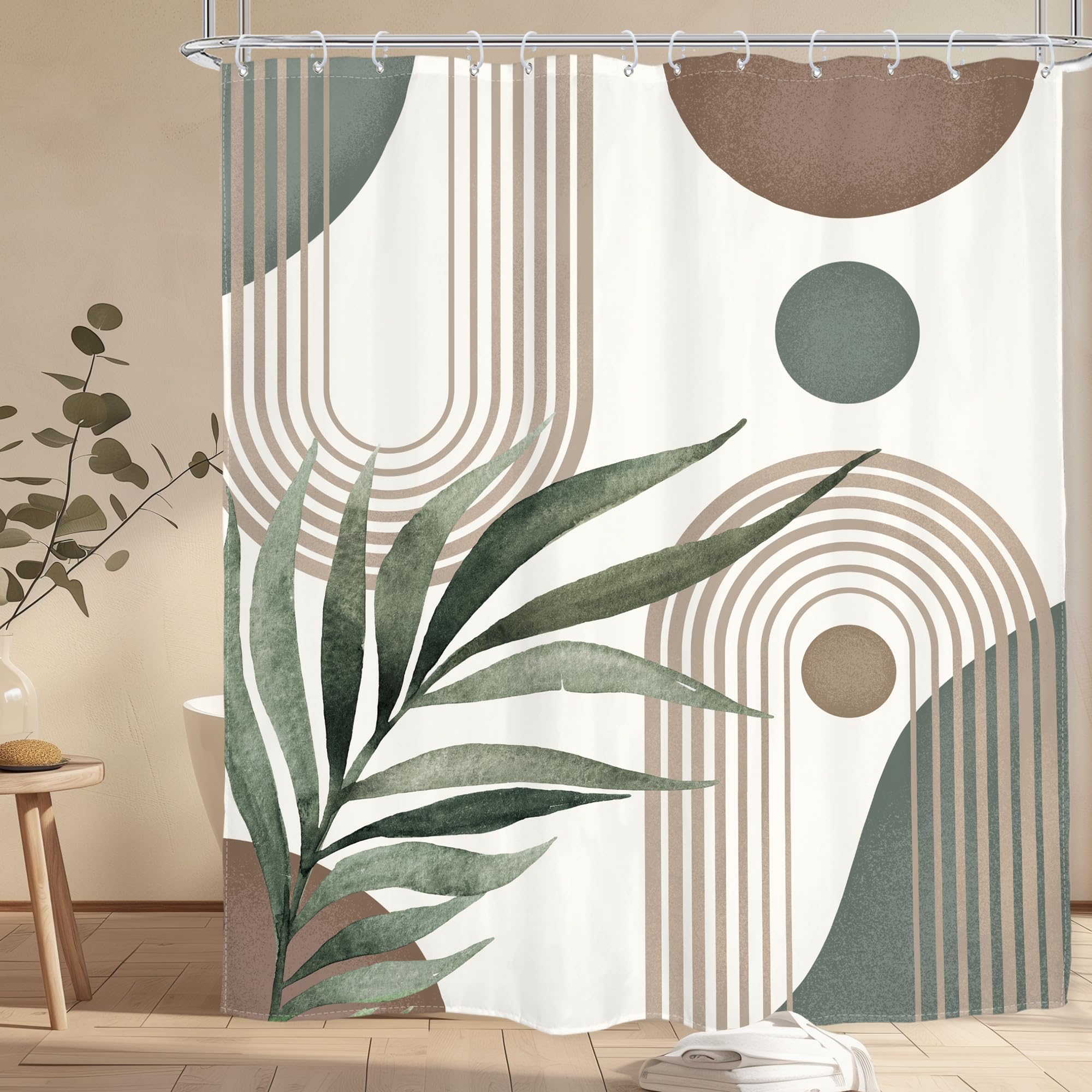 Glawry Boho Shower Curtain Extra Long Mid Century Abstract Plant Palm Leaves Modern Arch Bathroom Minimalist Geometric Aesthetic