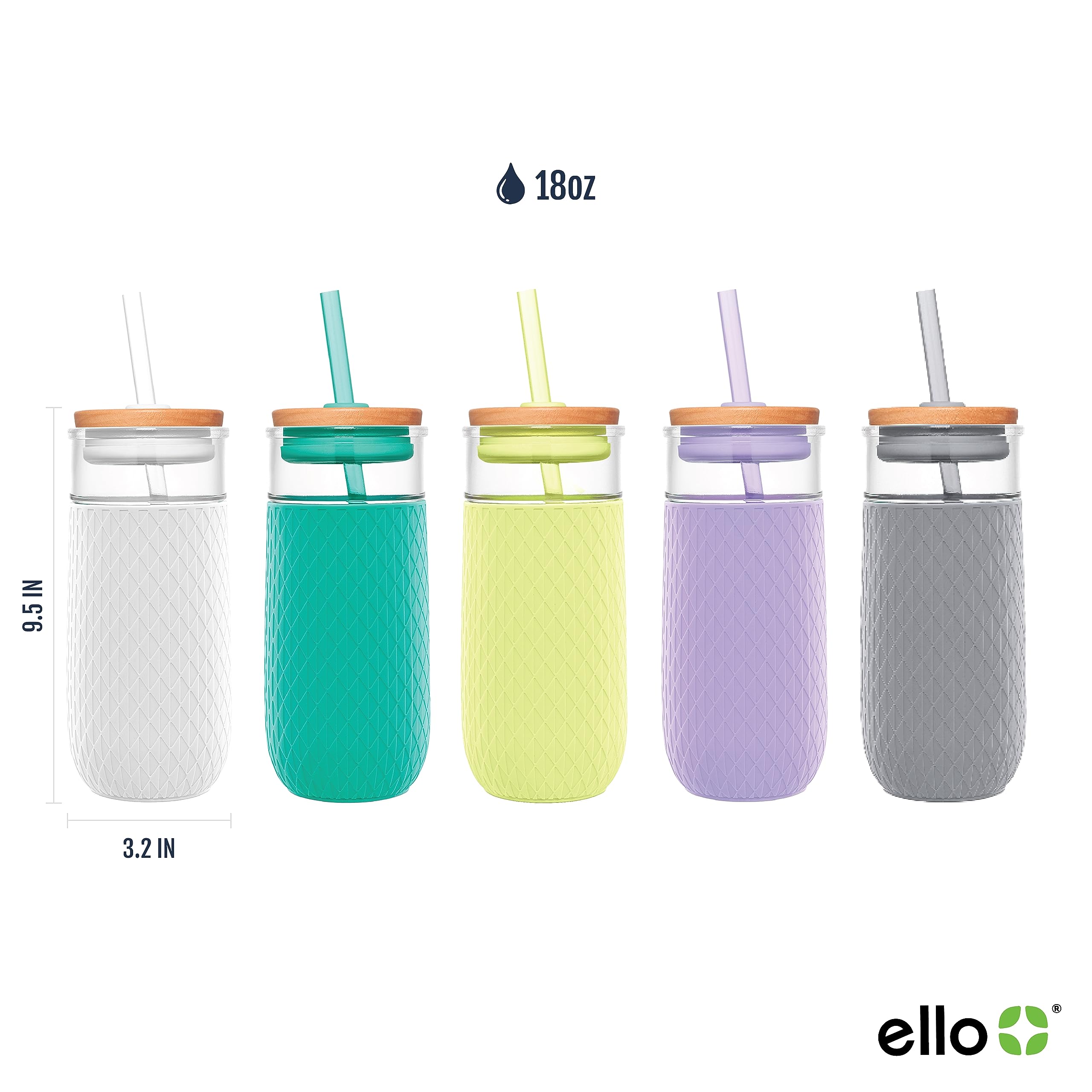 Ello Devon 18oz Glass Tumbler with Straw, Friction Fit Bamboo Wood Lid and Silicone Sleeve | Perfect for Iced Coffee, Tea, and S