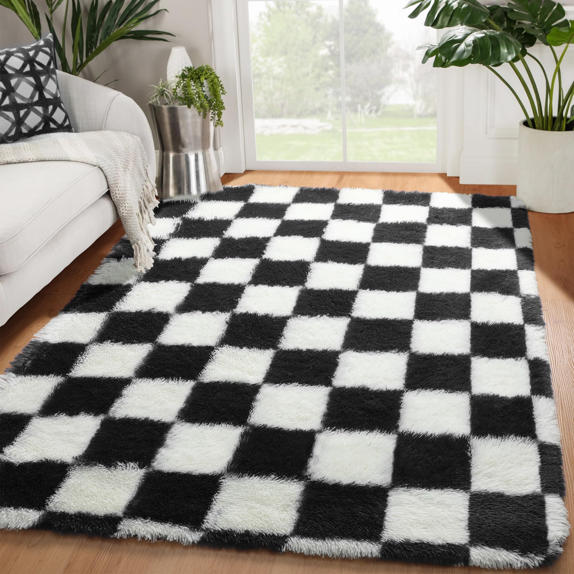 KICMOR Black and White Rug for Bedroom Living Room, 4x6 Fluffy Checkered Shag Area Rug Fuzzy Carpet, Soft Shaggy Plush Checkerbo