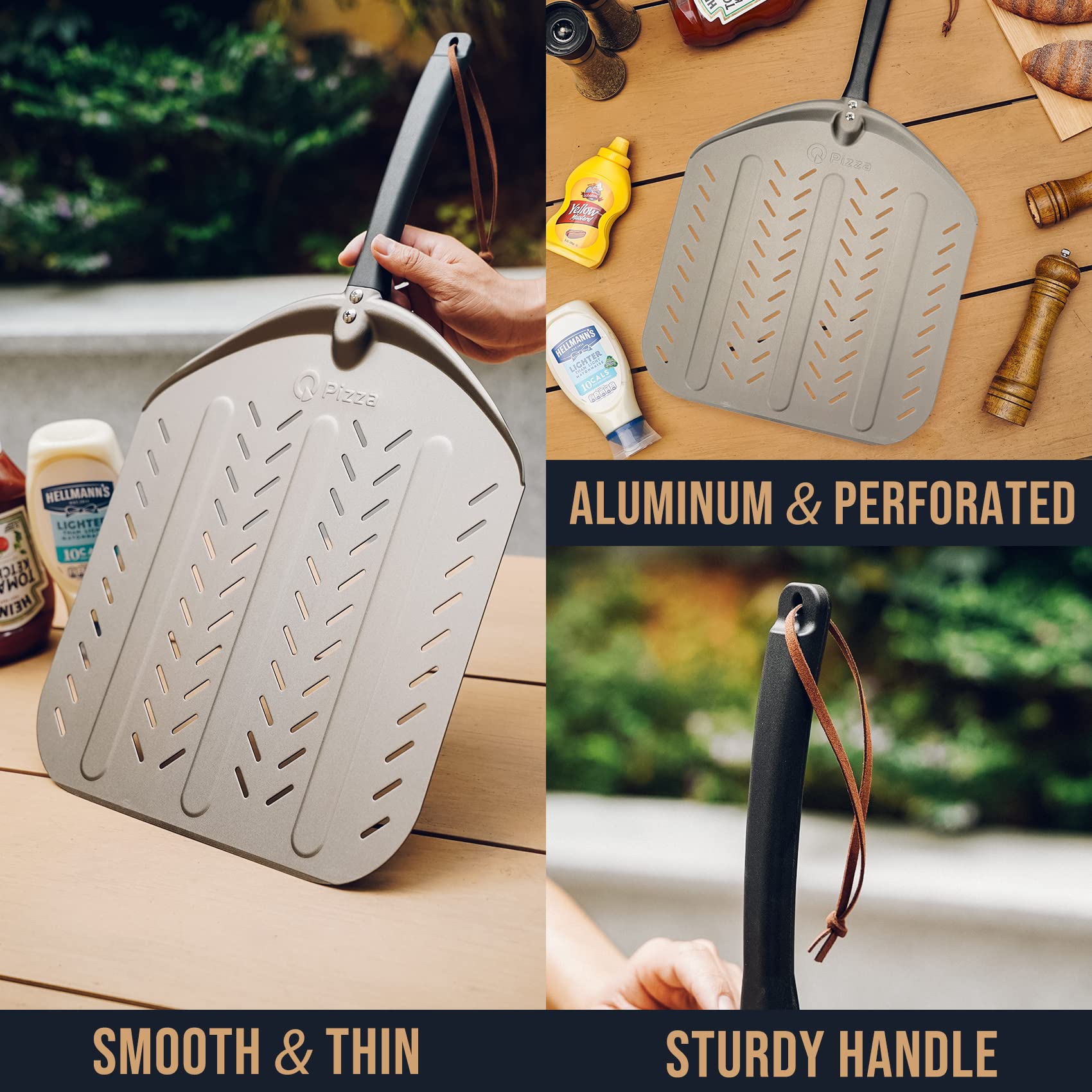 Q Pizza Aluminium Pizza Peel For 13'' Pizza, 12 X 14 Inch Perforated Metal Pizza Turning Paddle For Grill Oven - Non-Stick Pizza