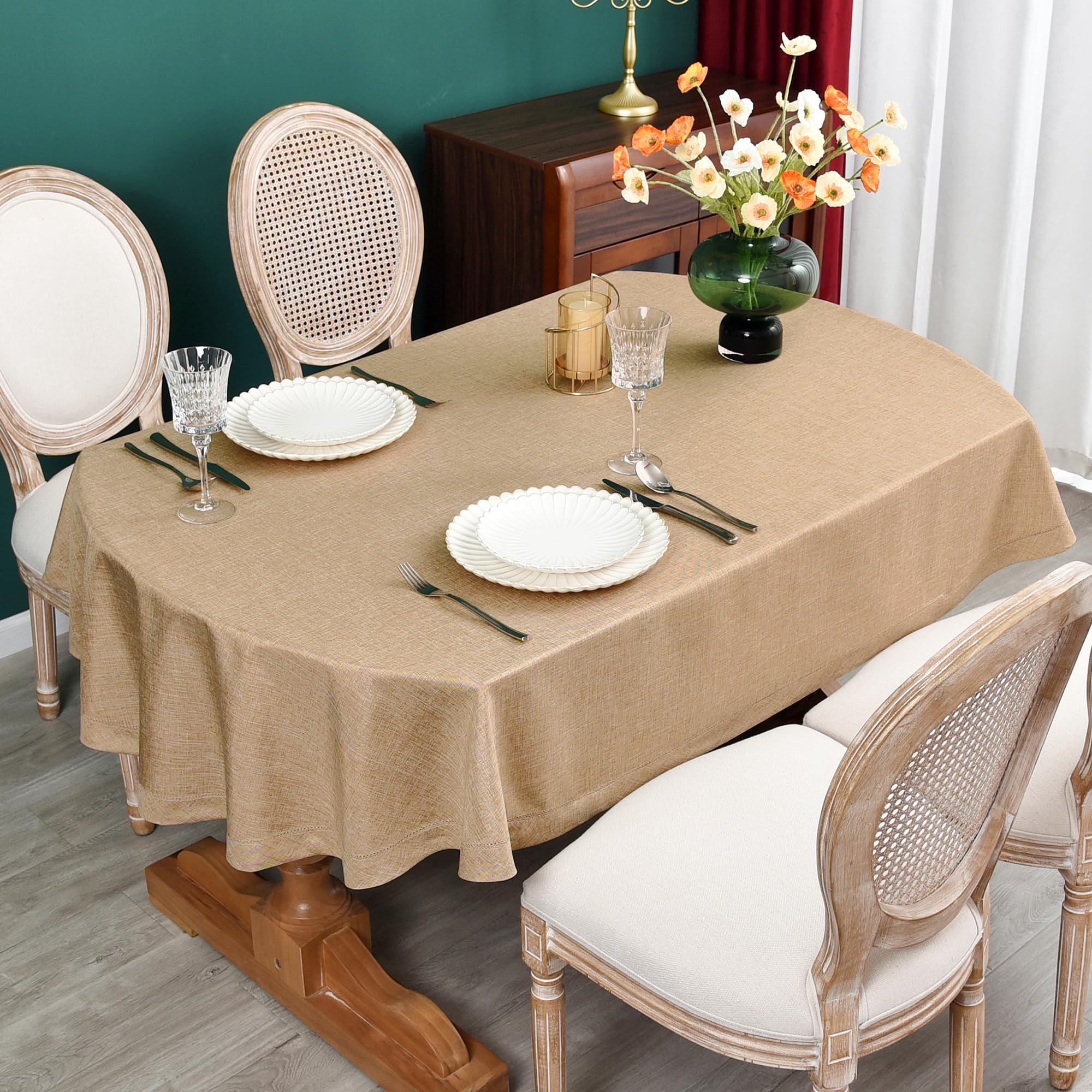 Newisher Farmhouse Oval Hemstitch Border Tablecloth Neutral Faux Linen Table Cloth Rustic Solid Flaxen Table Cover For Dining Ki