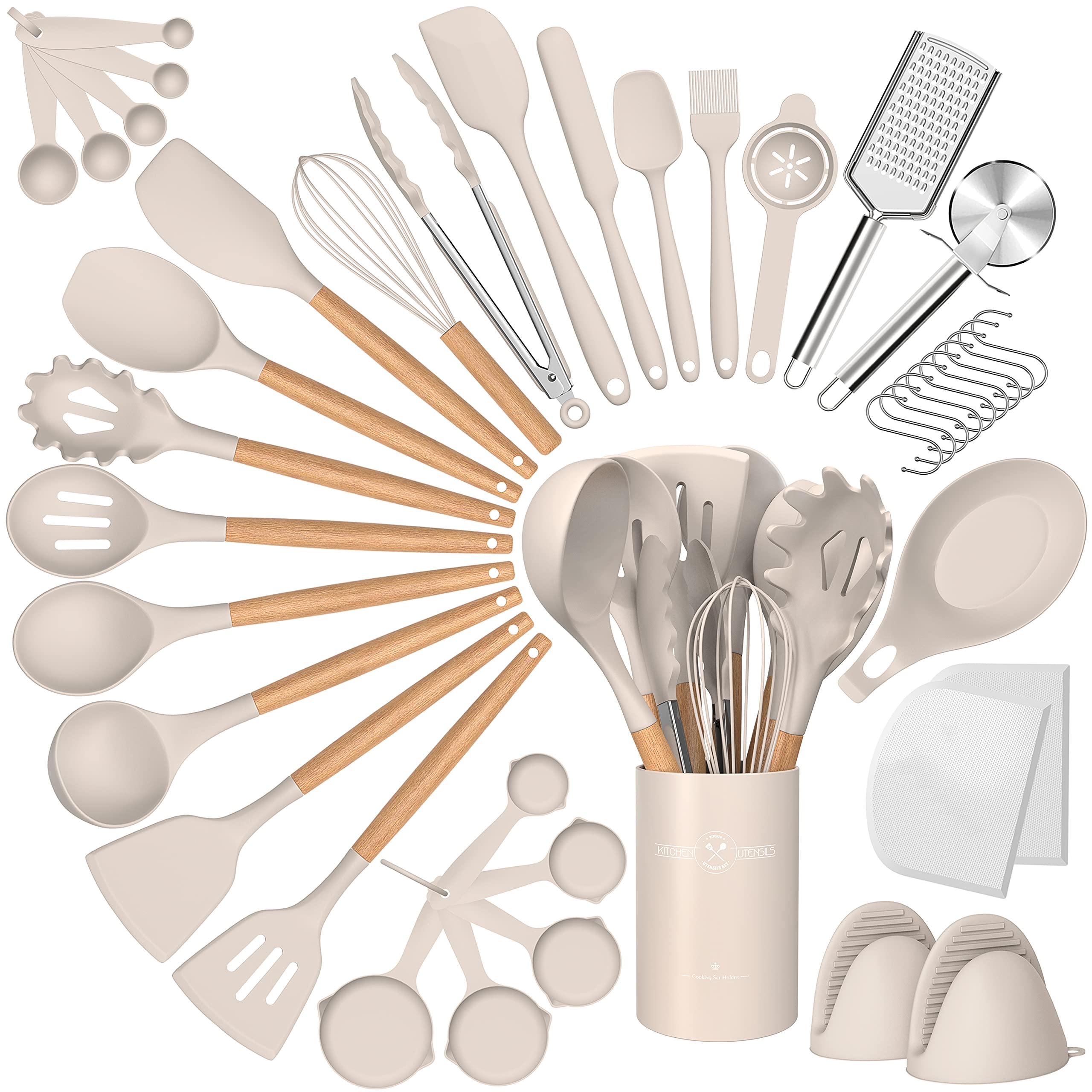 Silicone Cooking Utensils Set, 43Pcs Non-Stick Heat Resistant Kitchen Utensils Spatula Set With Wooden Handle For Baking, Cookin