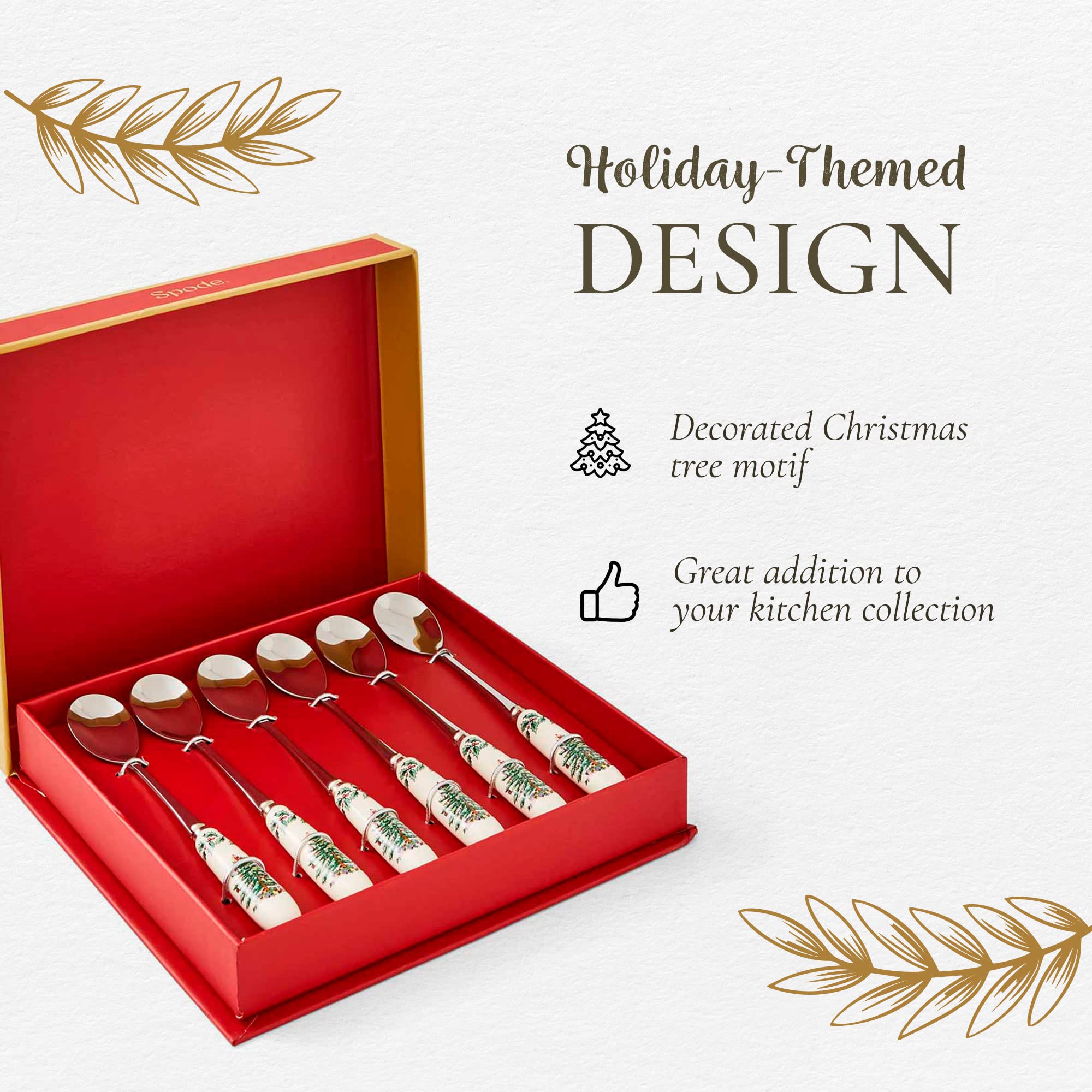 Portmeirion Christmas Tree Collection Teaspoons, Set Of 6, Holiday Silverware, Dessert Spoons, Flatware, Made Of Porcelain And S