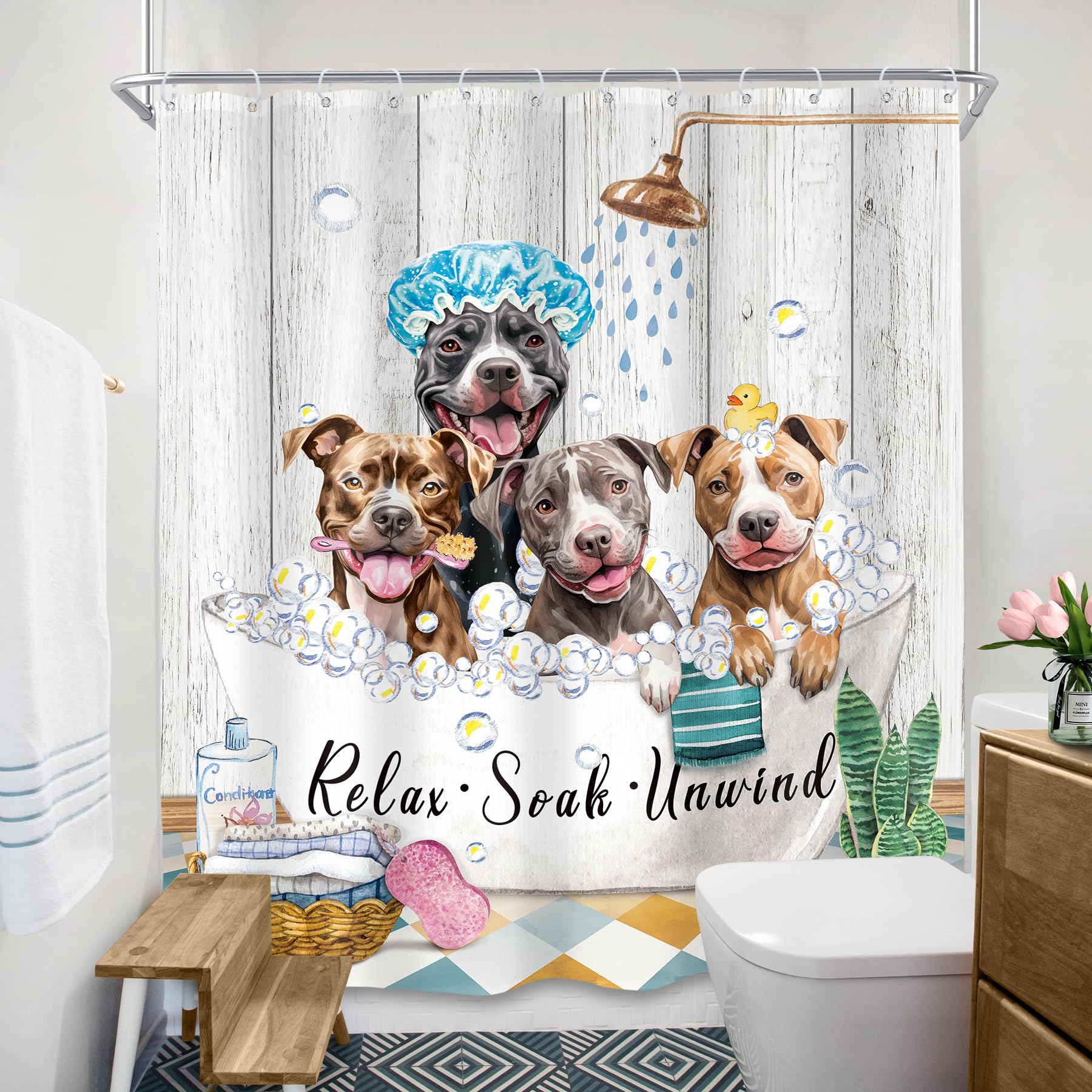 Svbright Funny Dog Shower Curtain 60Wx72L Inch Kids Cute Animals Farmhouse Puppy Shower Wooden Plank Bubbles Vintage Rustic 12 P