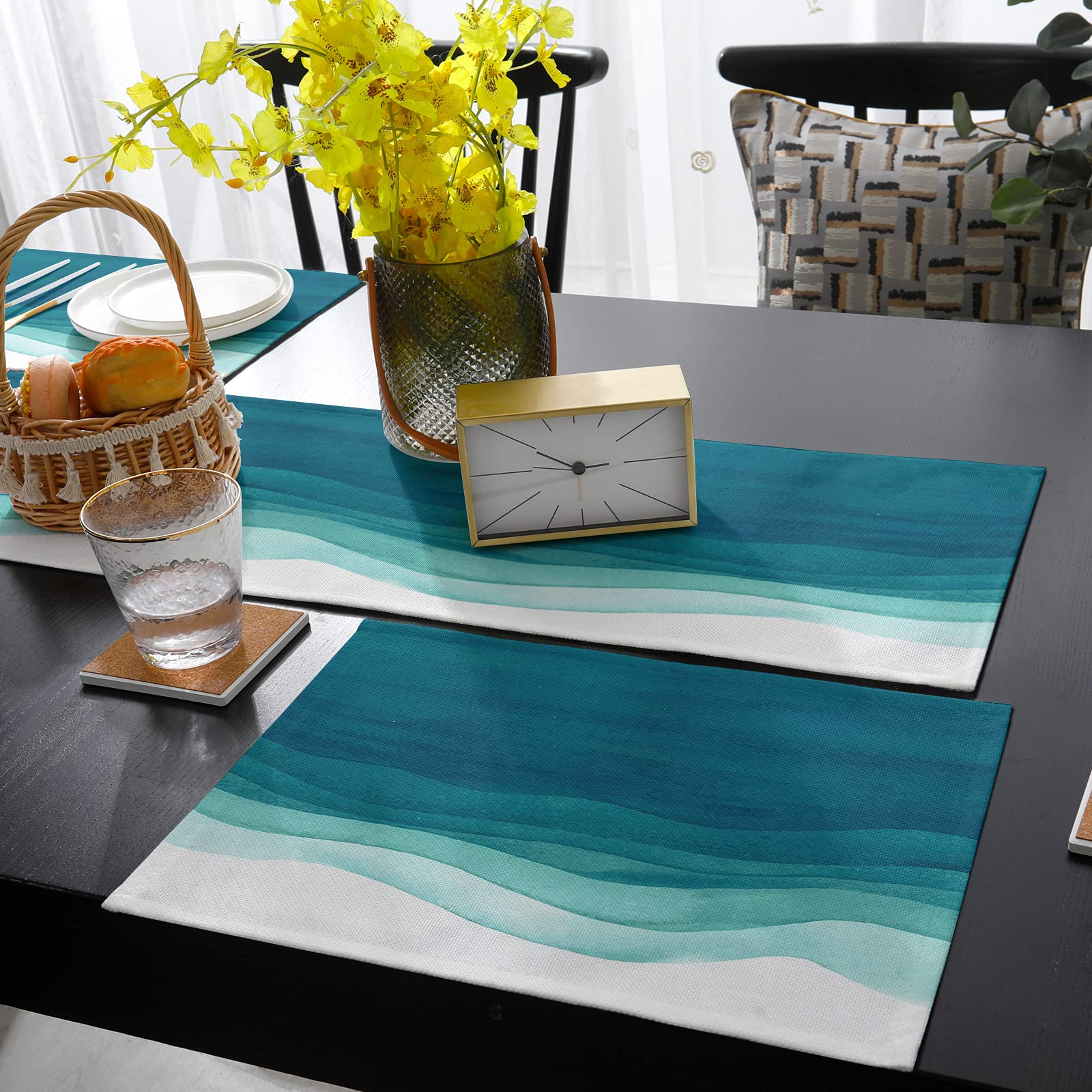 Teal Gradient Table Runner 70 Inch And Place Mats Set Of 6 Watercolor Teal White Gradient Cotton Linen Table Mats Set, Heat Insu
