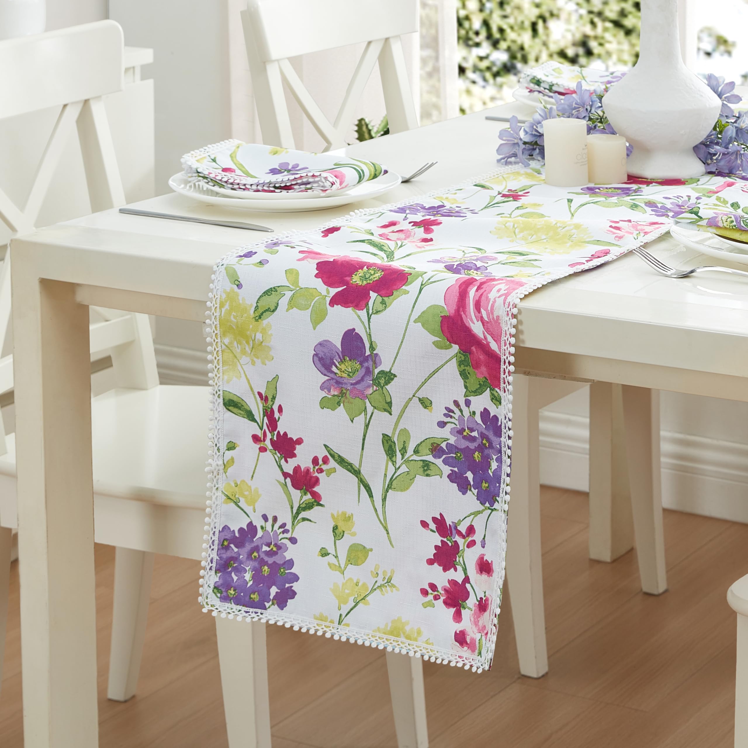 Newbridge Fabric Table Runner, 13 X 70 Inch Rectangle, Summer Sophia Pom Pom Fringe, Wrinkle And Stain Resistant Pink And Purple