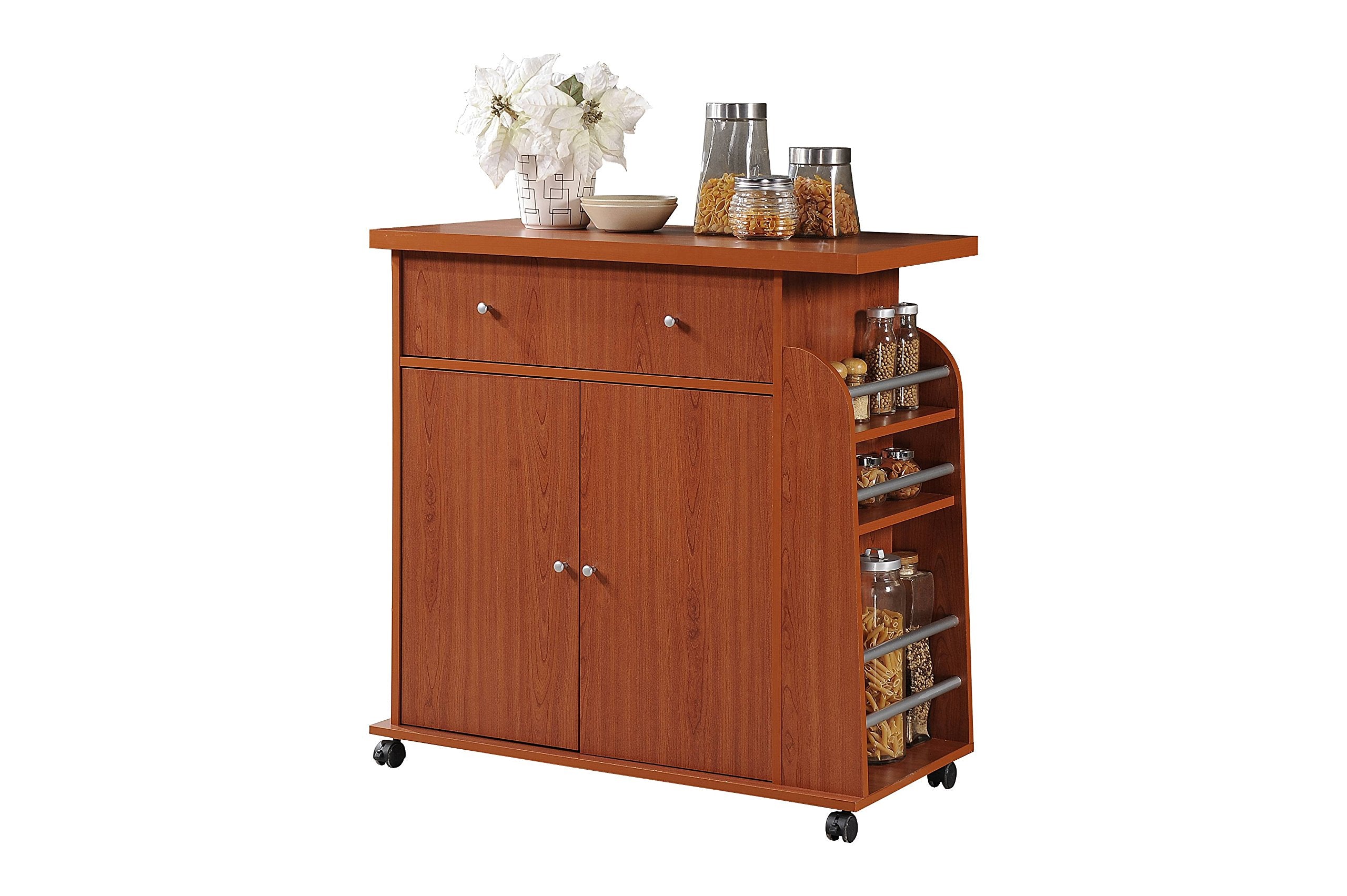 Hodedah Kitchen Cart with Spice Rack in Cherry