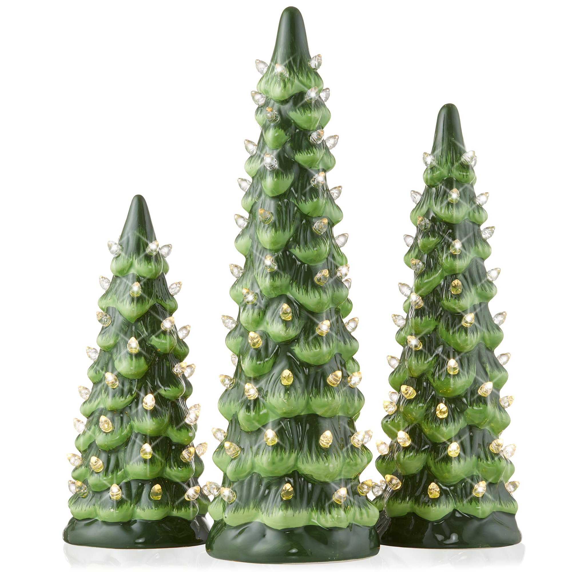 Casafield Set of 3 Hand Painted Ceramic Christmas Tree - Green Pre-Lit 8, 10, 12-Inch Trees with White Lights