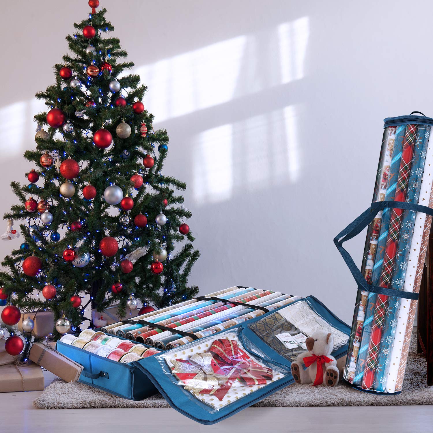 Hearth & Harbor Wrapping Paper Storage Container - Christmas Storage Bag with Interior Pockets - Gift Wrapping Organizer Storage Fits Up to 36 Rolls of 40 '' - Tear Proof Wrapping Paper Organizer