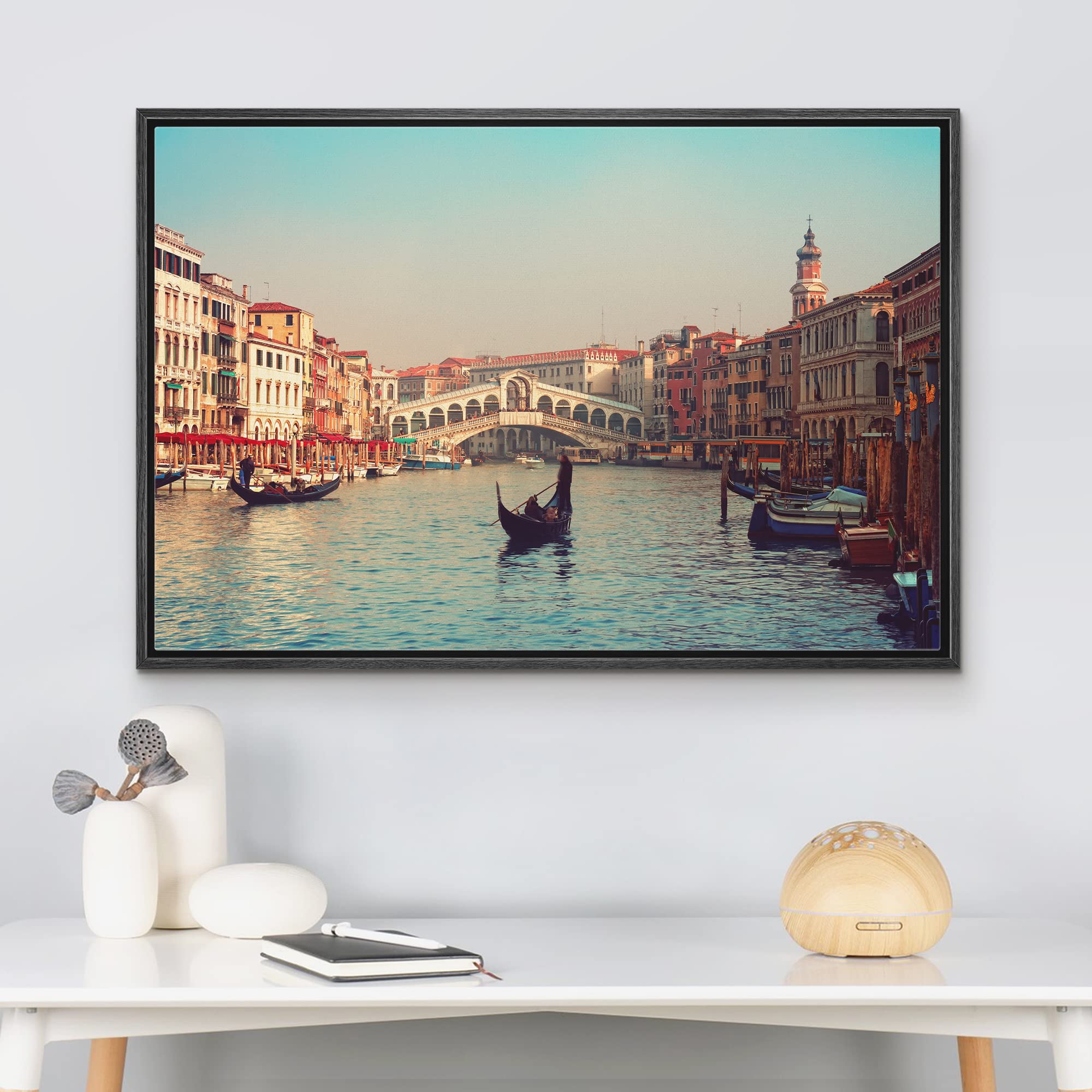 wall26 - Framed Canvas Prints Wall Art - Rialto Bridge and Gondolas in Venice.  Modern Wall Decor/Home Decoration Stretched Gallery Canvas Wrap Giclee Print. Ready to Hang - 16''x24'' Black