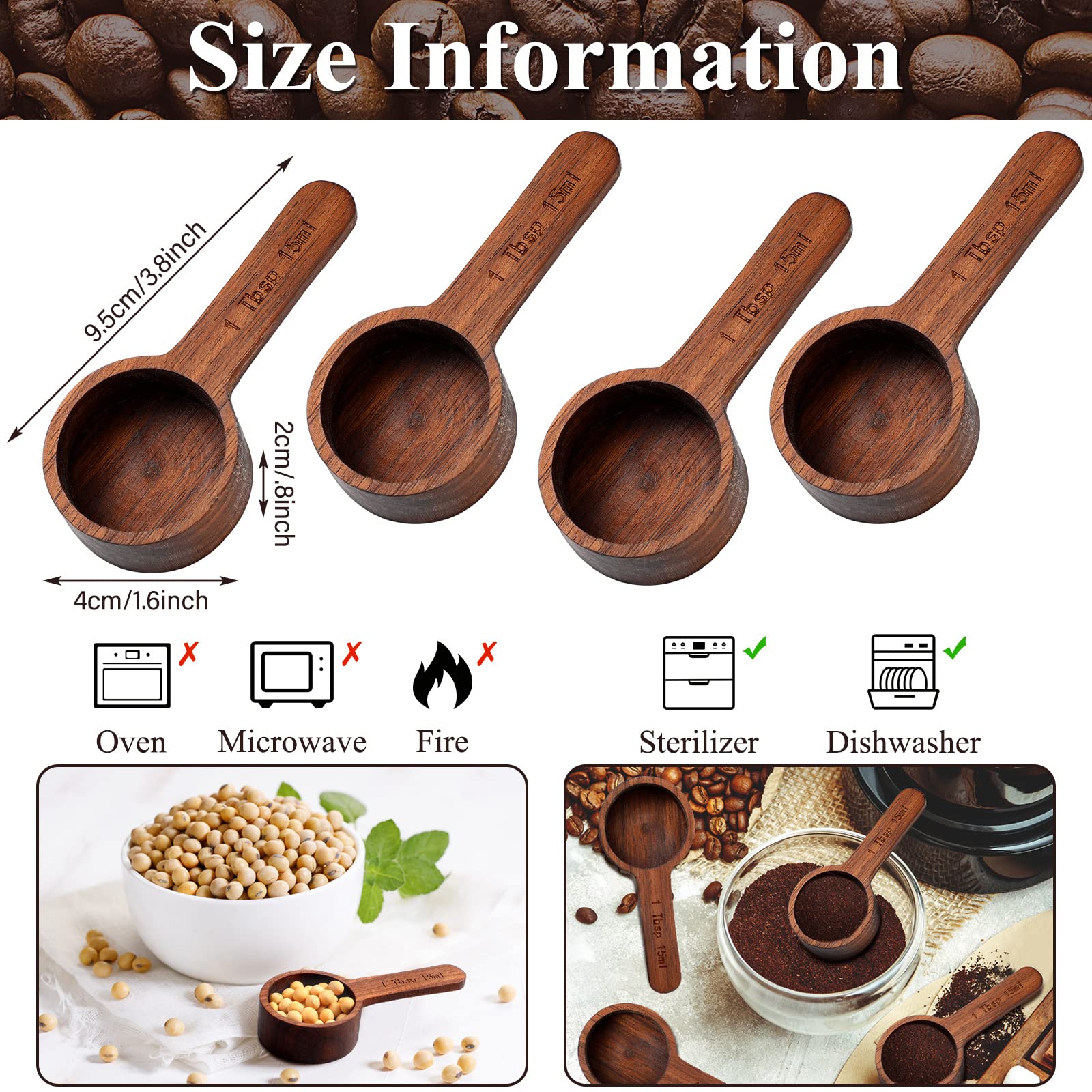Skyley 4 Pieces Caf Spoon Wooden Coffee Measure Scoop Wooden Table Spoon Caf Ground Wood Tablespoon For Measuring Coffee Beans T