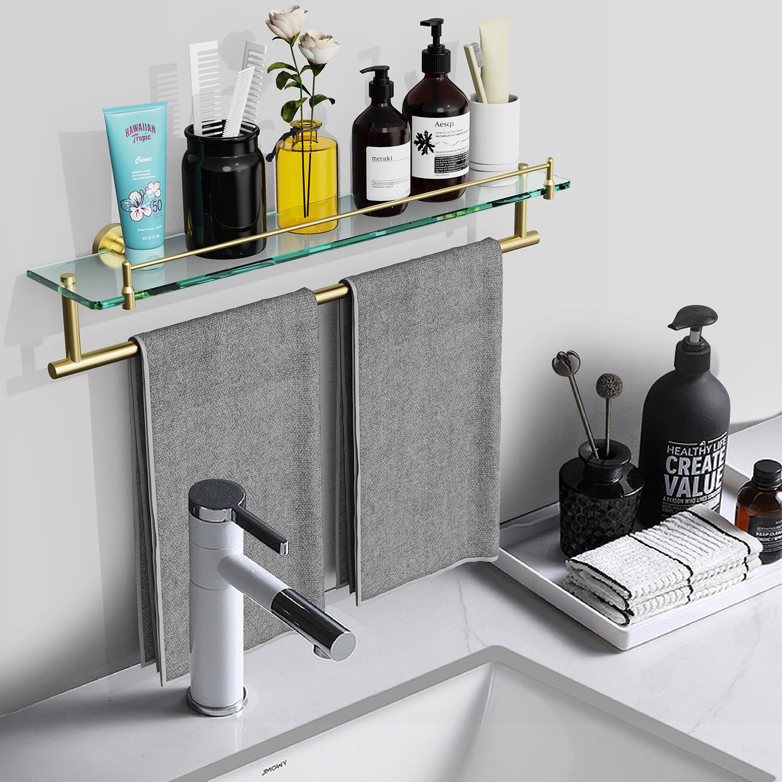 Glass Bathroom Shelf With Towel Bar,24-Inch Brushed Gold Stainless Steel Glass Shelves For Bathroom With Towel Holder Rectangula