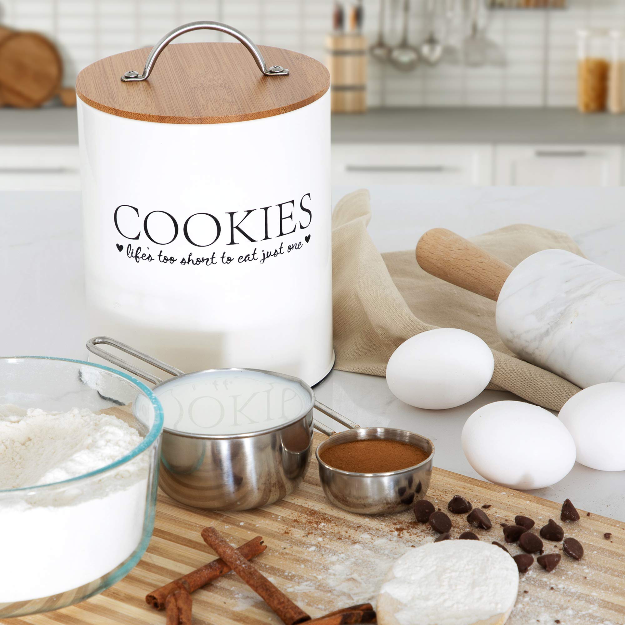 D'Lifeful Farmhouse Airtight Cookie Jar With Bamboo Lid - Kitchen Counter Storage Container For Cookies Or Even Candy, Decorativ