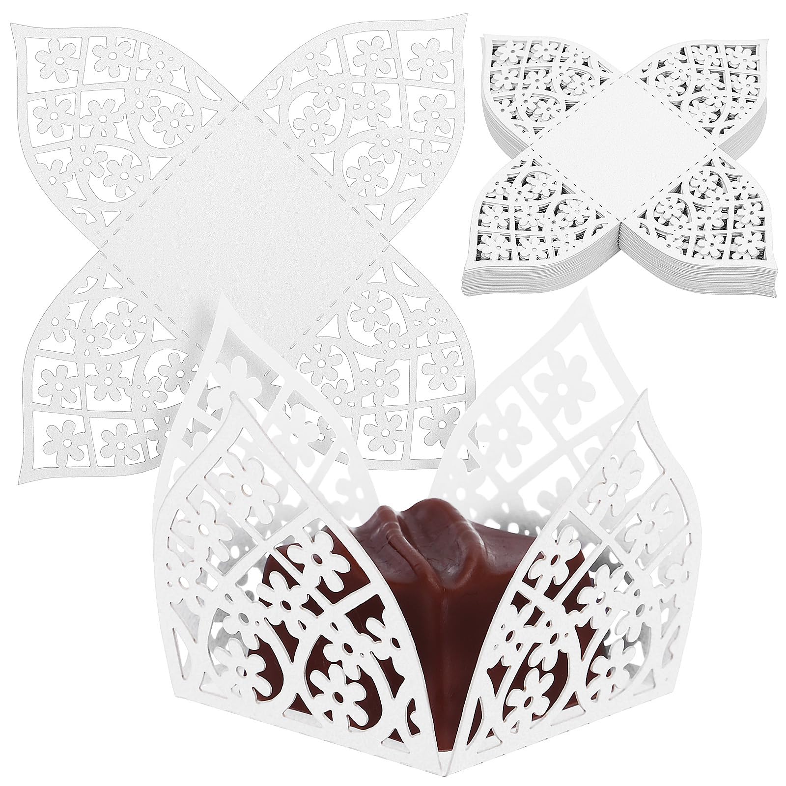 PRETYZOOM Mini and Square Cupcake Liners - Truffle Wrappers & Brownie Liners - 50 Pcs White Lace Hollow Out Packaging for Candie