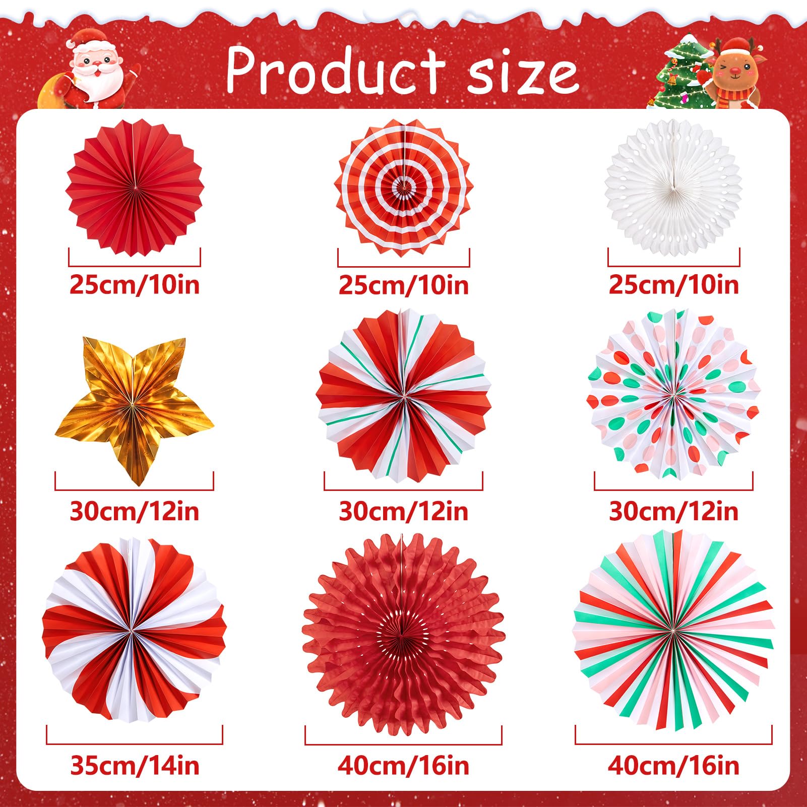 OBBOLO Christmas Paper Fans, Christmas Paper Decorations, Hanging Xmas Decor in Gold, Red, White and Peppermint Candy Theme Hone