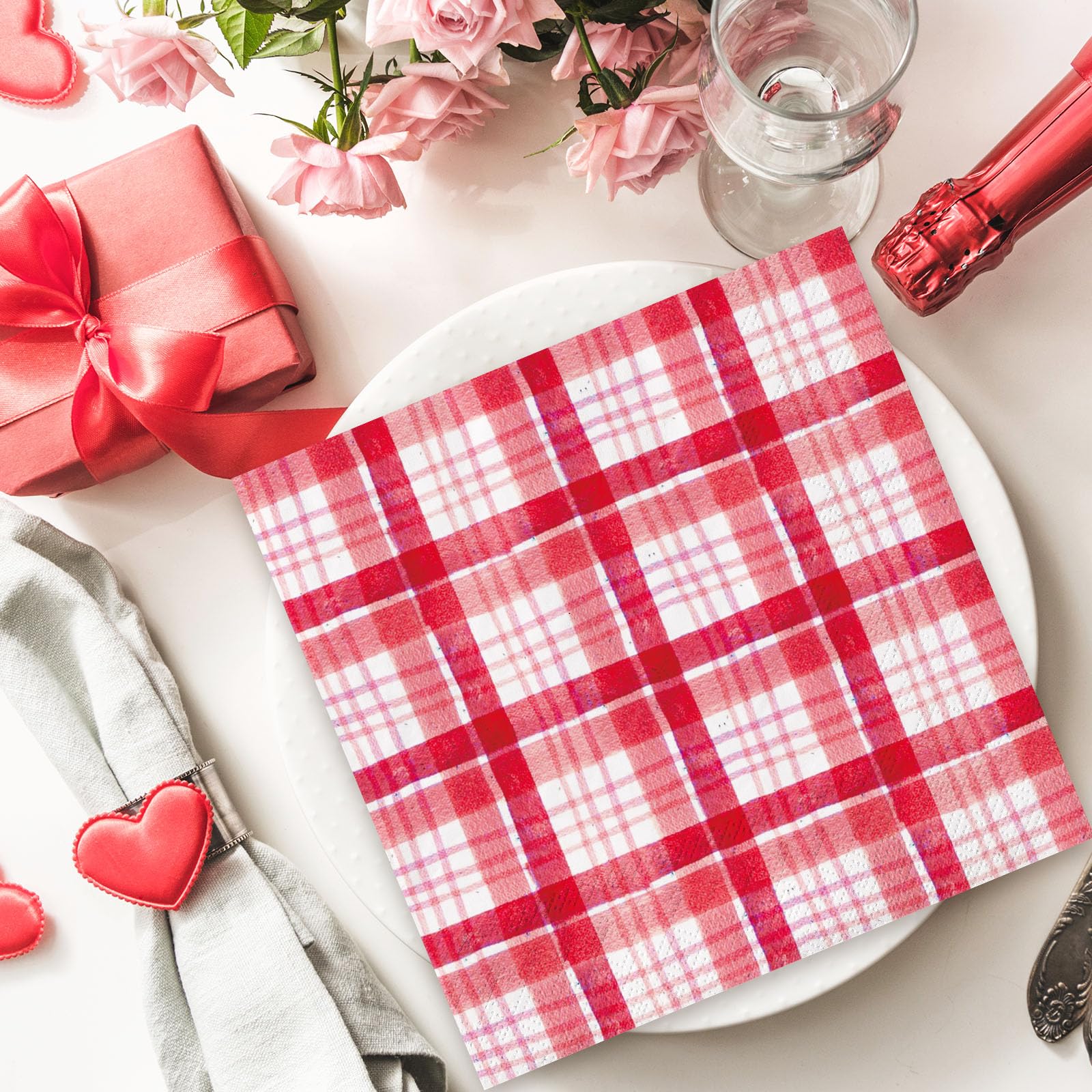 Jarthenaamcs 80Pcs Valentine'S Day Paper Napkins 6.5 X 6.5 Inch Watercolor Plaid Disposable Dinner Napkins Red White Checkered L