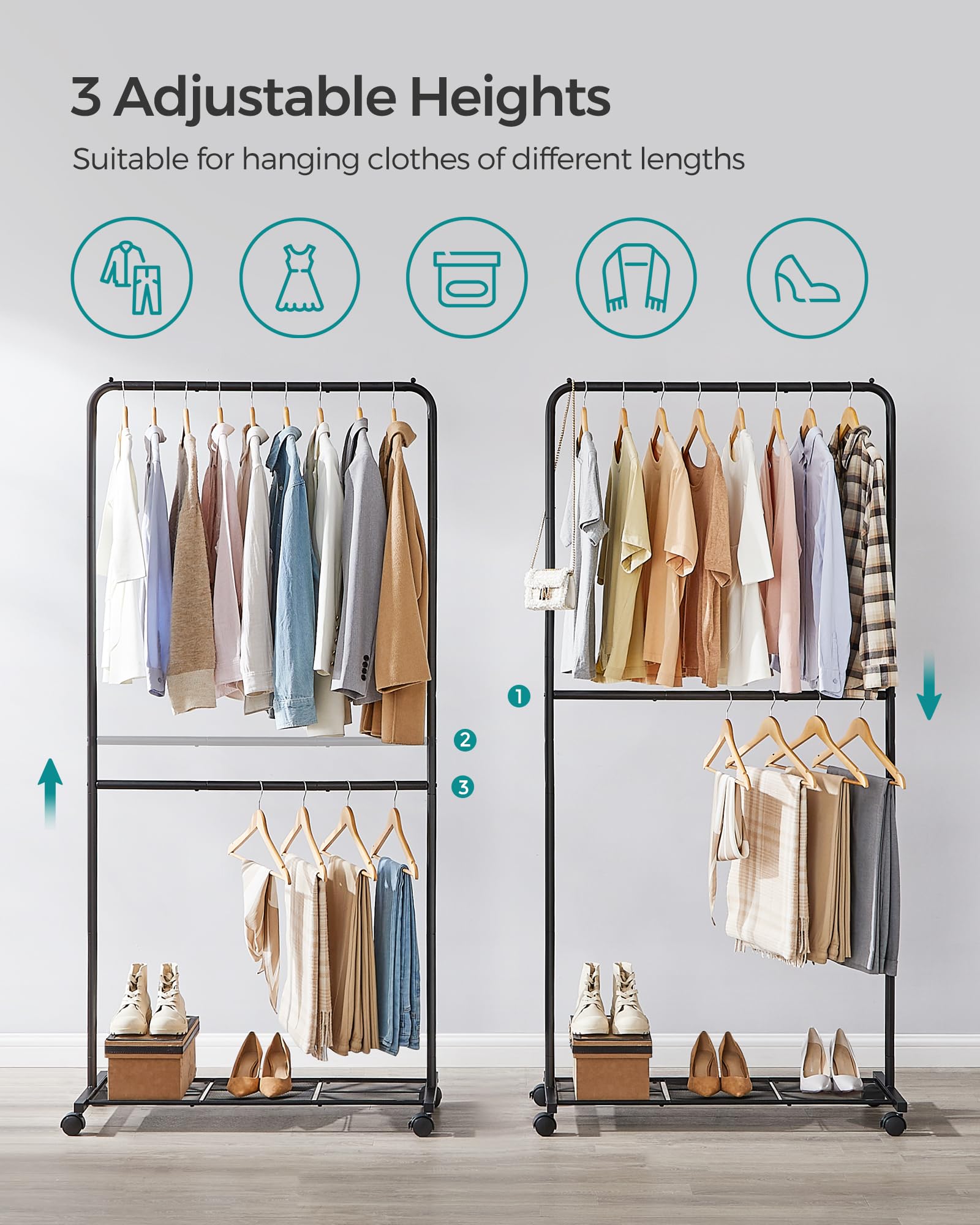 Songmics Clothes Rack With Wheels, Double-Rod Clothing Rack For Hanging Clothes, 25.4Mm Metal Garment Rack With Dense Mesh Stora