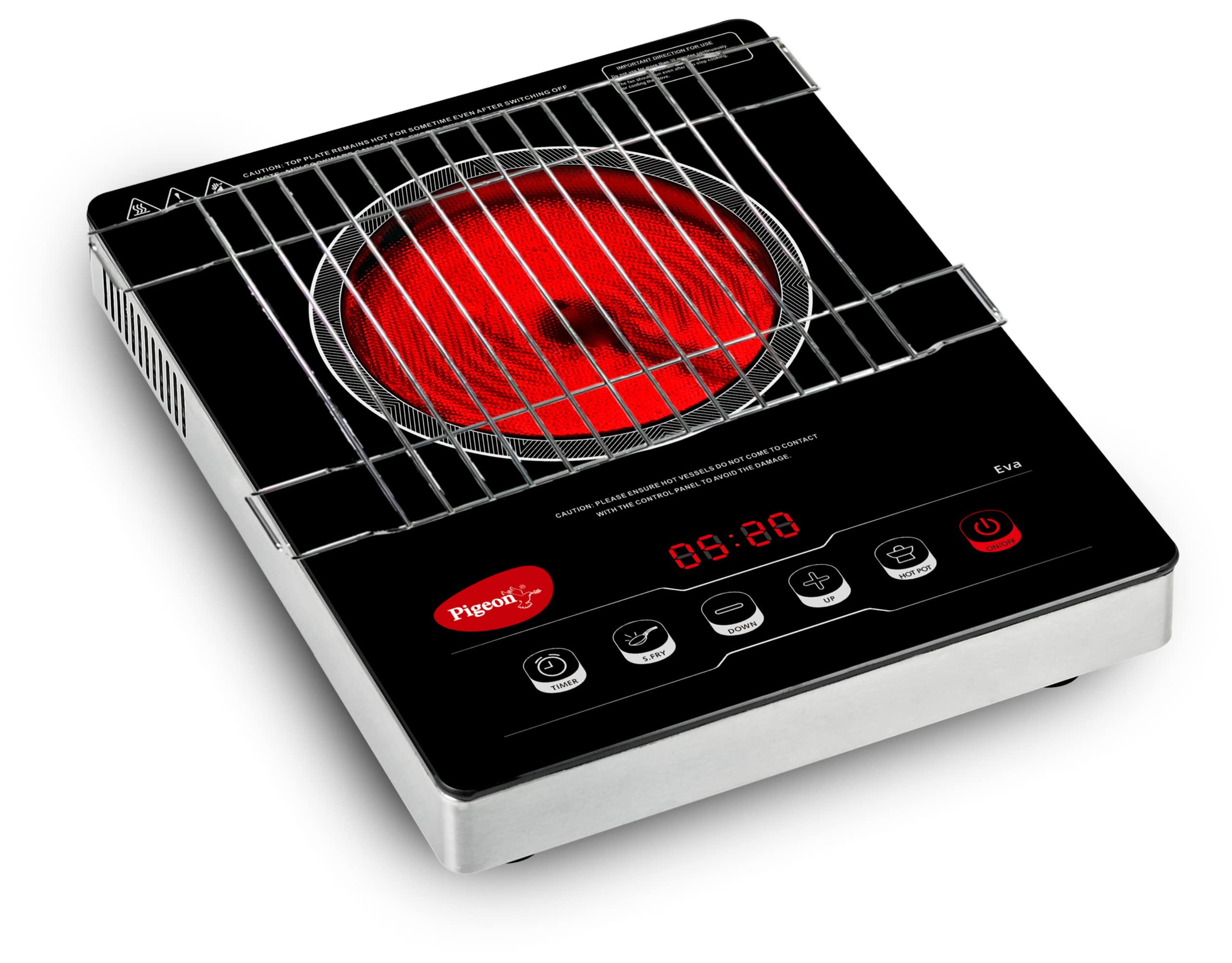Pigeon Eva Infrared Cooktop 2000 Watts Black (With Free Stainless Steel Grill, Full Touch Panel, Auto Shut Off And Overheat Prot