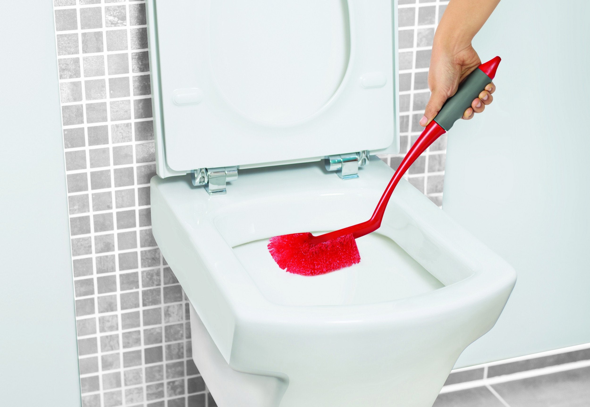 Kleeno Cello Angular Toilet Brush with Storage (Red and Grey) & Kleeno Kitchen Platform and Glass Plastic Wiper (Red and Grey) C