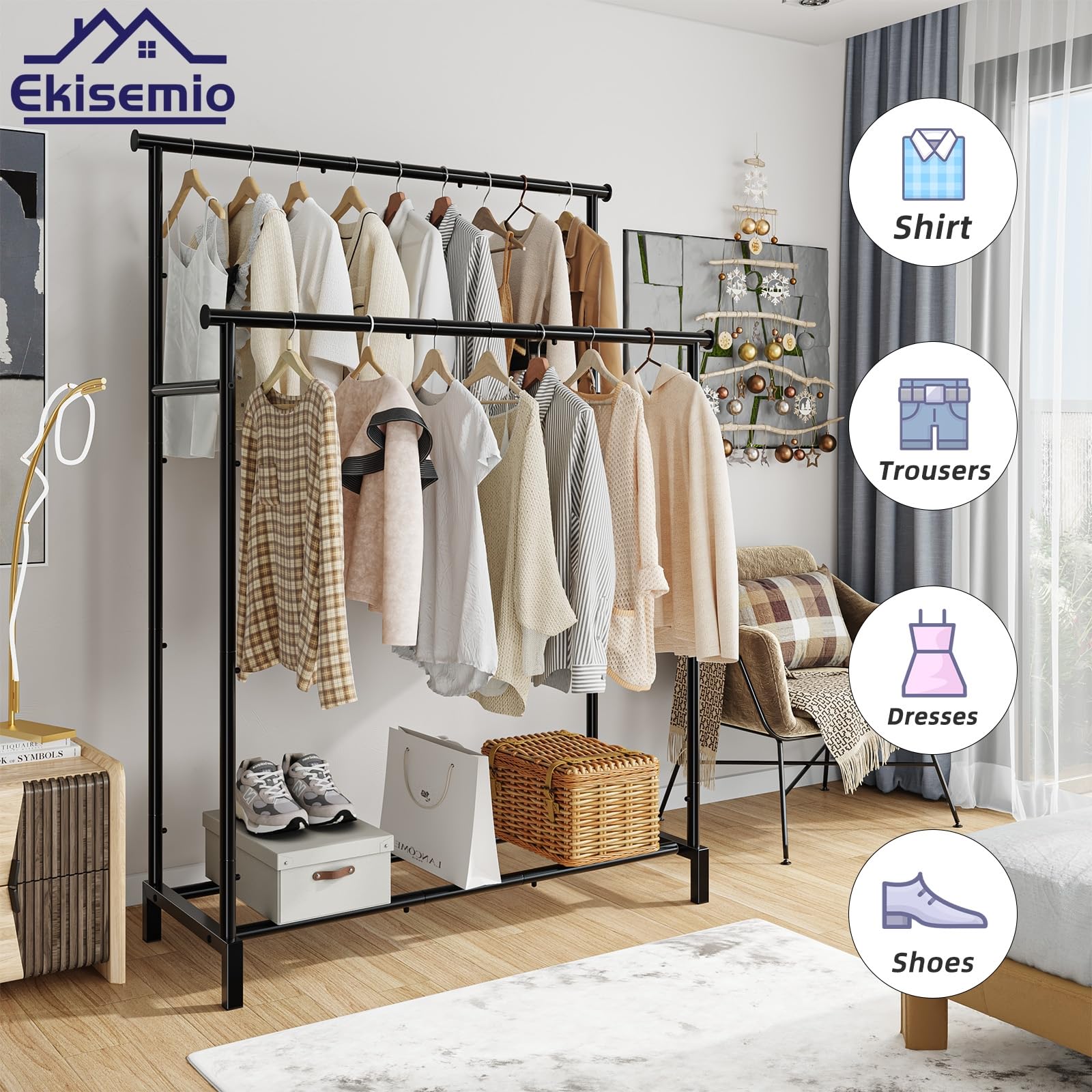 Ekisemio Double Rod Garment Rack For Hanging Clothes, Clothing Rack With Storage Shelves, Metal Multi-Functional Clothes Rack Fo