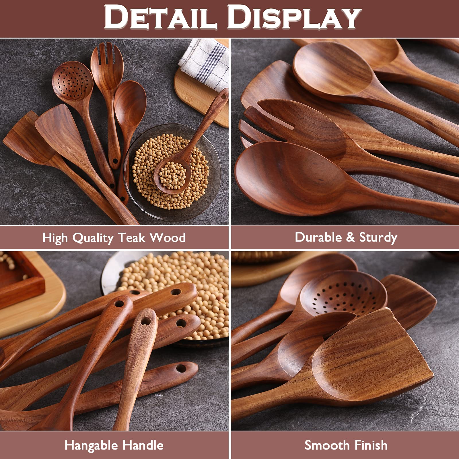 Nayahose Wooden Spoons For Cooking, 6 Pcs Wooden Utensils For Cooking, Natural Teak Wood Non-Stick Cooking Spoons, Wood Utensils