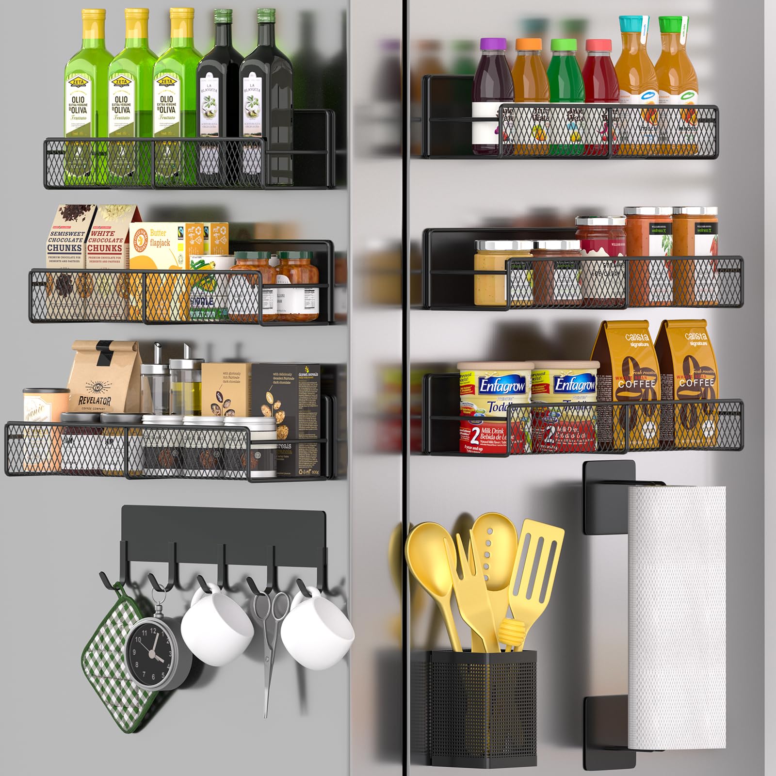 Magnetic Spice Rack for Refrigerator, 10 Pack 100% Metal Strong Magnet Shelf, Moveable Spice Organizer W/ Adjustable Paper Towel