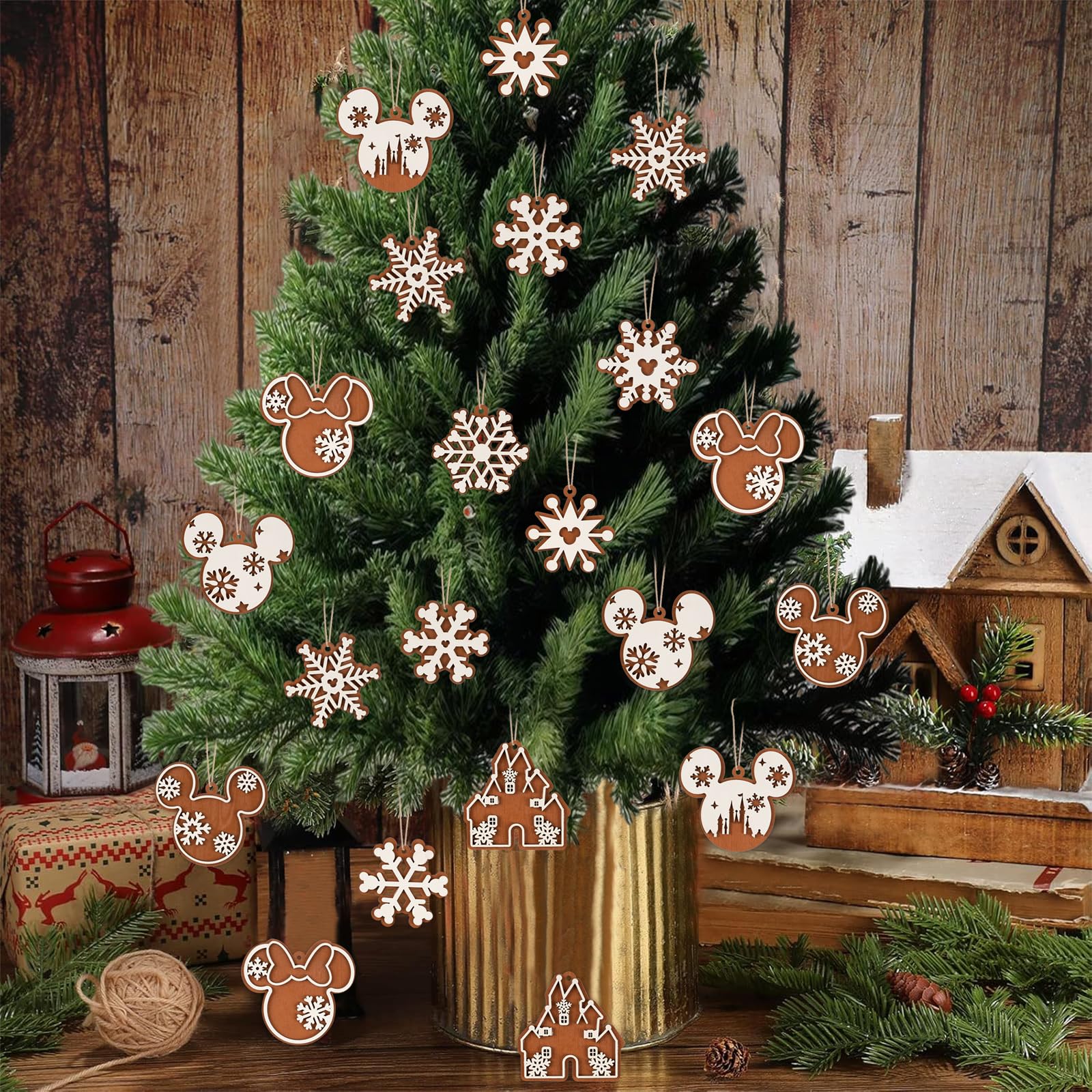 Christmas Tree Decorations, 12pcs Cute Christmas Snowflake Mouse Ornaments for Tree, Wooden Round Hanging Ornaments Pendants for