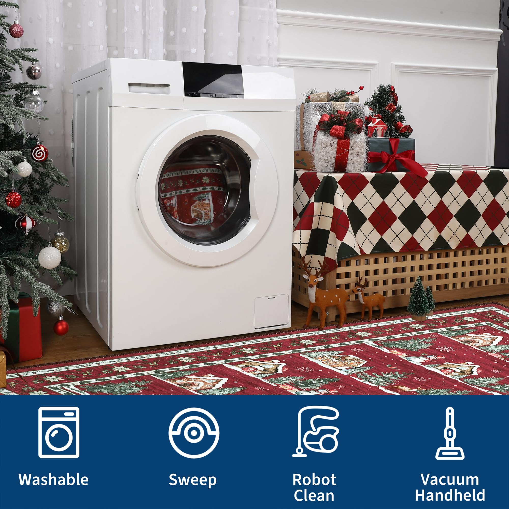 GarveeHome Christmas 2x8 Kitchen Rug Runner Machine Washable Low Pile Non Slip Backing Stain Resistant Christmas Tree Animals Pr