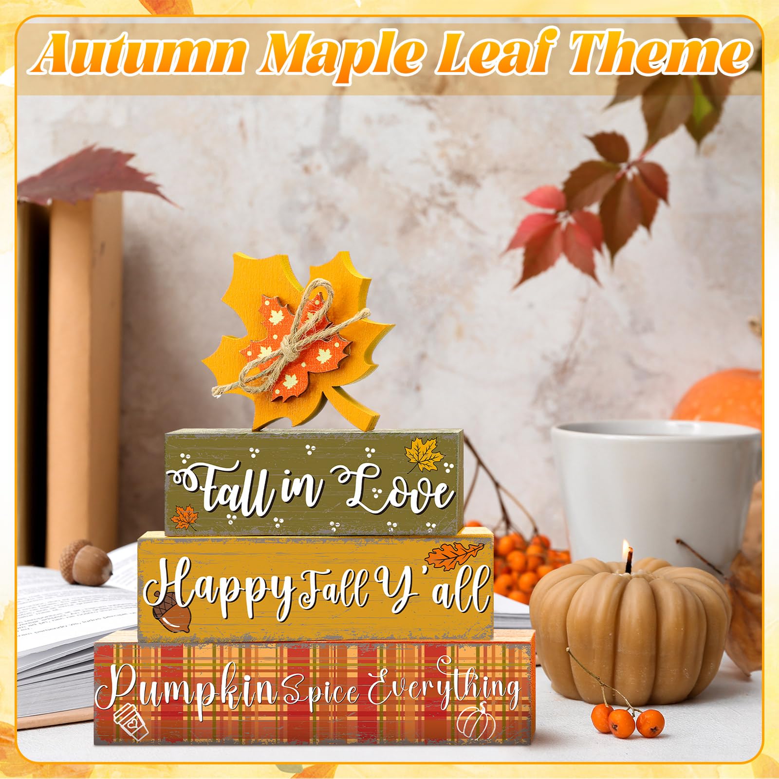 Geelin 4 Pcs Thanksgiving Decorations Fall Wooden Sign Maple Leaves Thanksgiving Pumpkin Table Centerpiece Tiered Tray Decor Fal