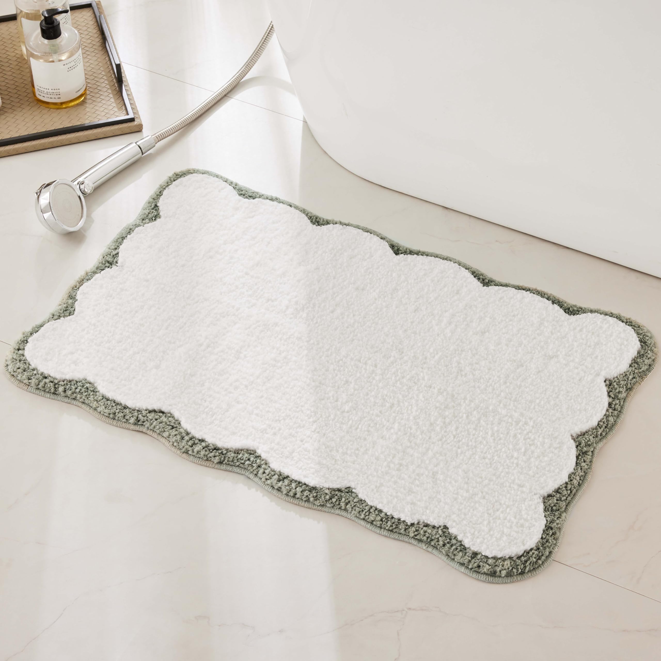 Ohocut Luxury Microfiber Bathroom Rugs, White Bath Rug With Oliver Green Scalloped Piping Cute Aesthetic Sage Bath Mat For Bathr