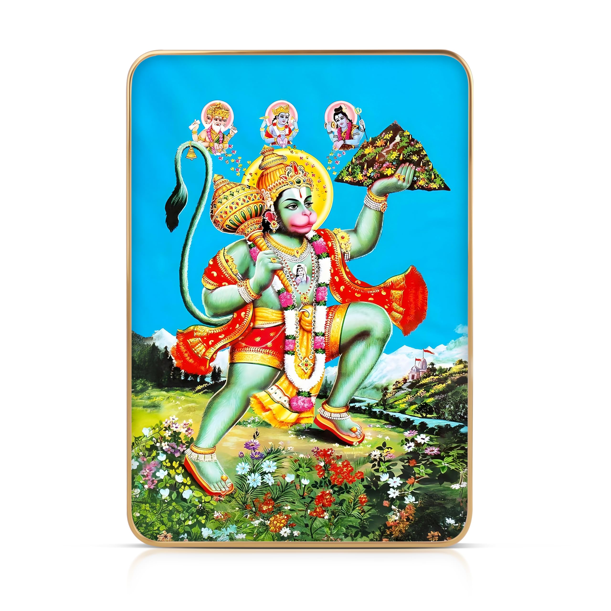 Regalo Casila Hanuman Ji Frame 11X17 Inches Large Crystal Glossy Uv Print Flying Hanuman With Dronagiri And Lord Ram Darbar For 