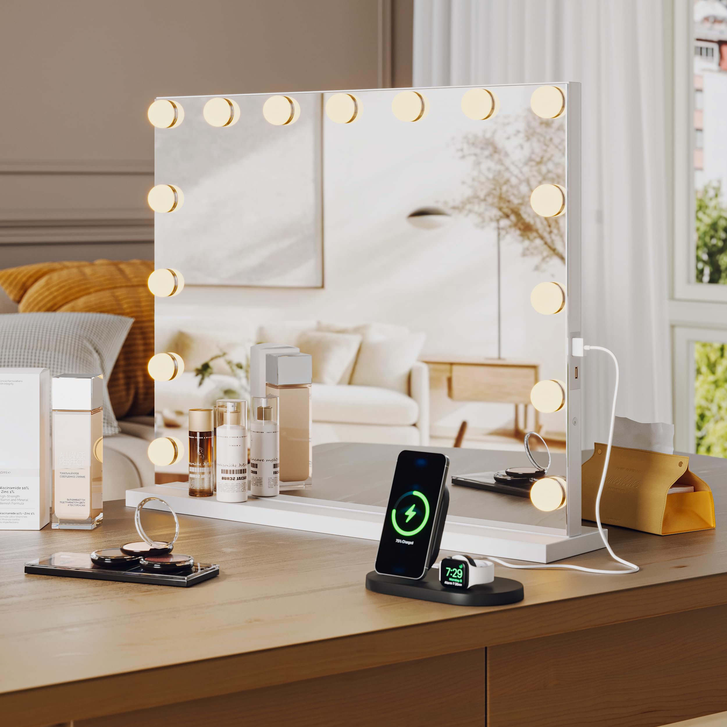 Vanity Mirror With Lights, Hollywood Lighted Vanity Mirror With 15 Dimmable Led Bulbs, 3 Color Modes, Usb Charging Port, Light U