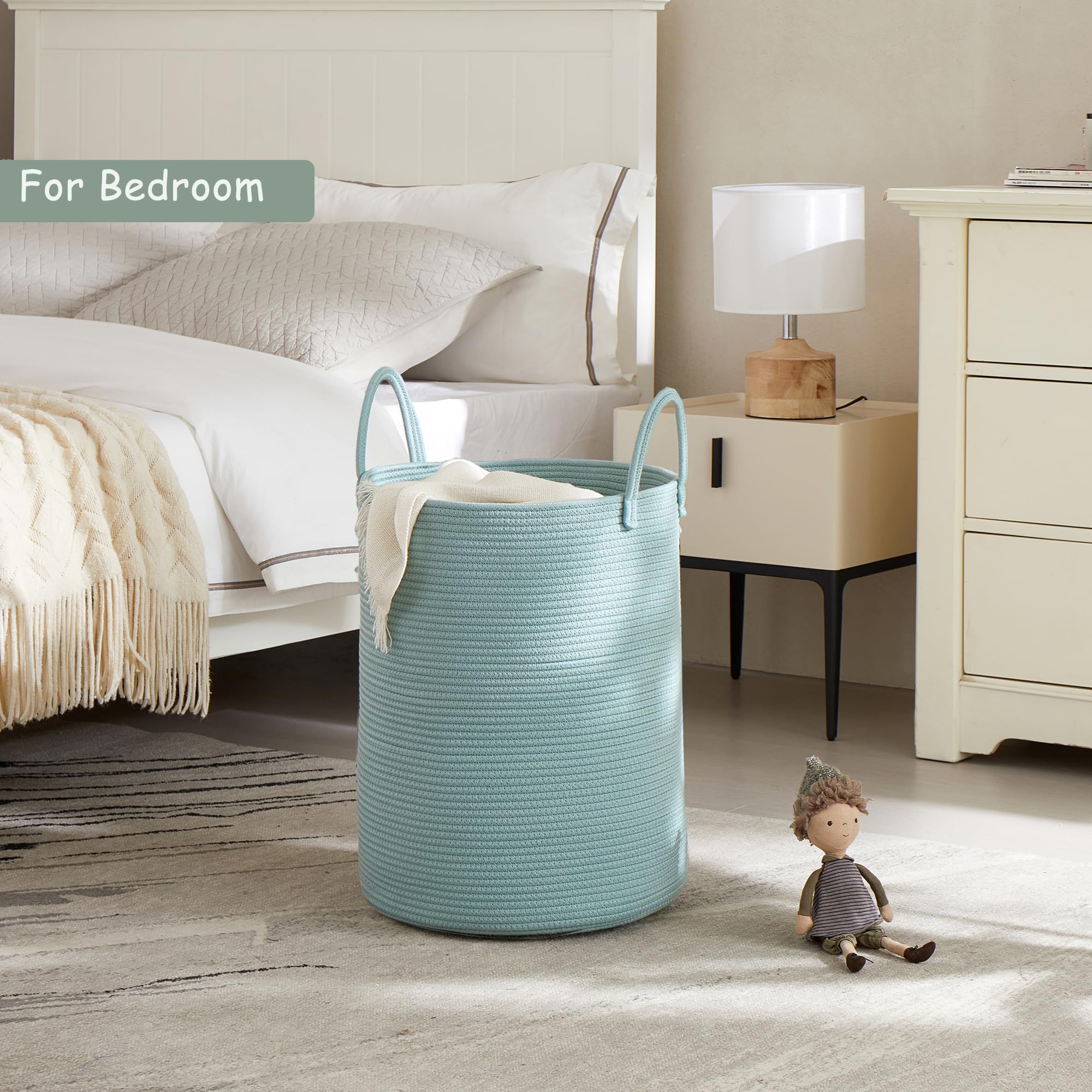 Mojoscend Cotton Rope Laundry Hamper Basket, 15Dx20H Inches Tall Woven Laundry Basket, Large Clothes Hamper For Bedroom