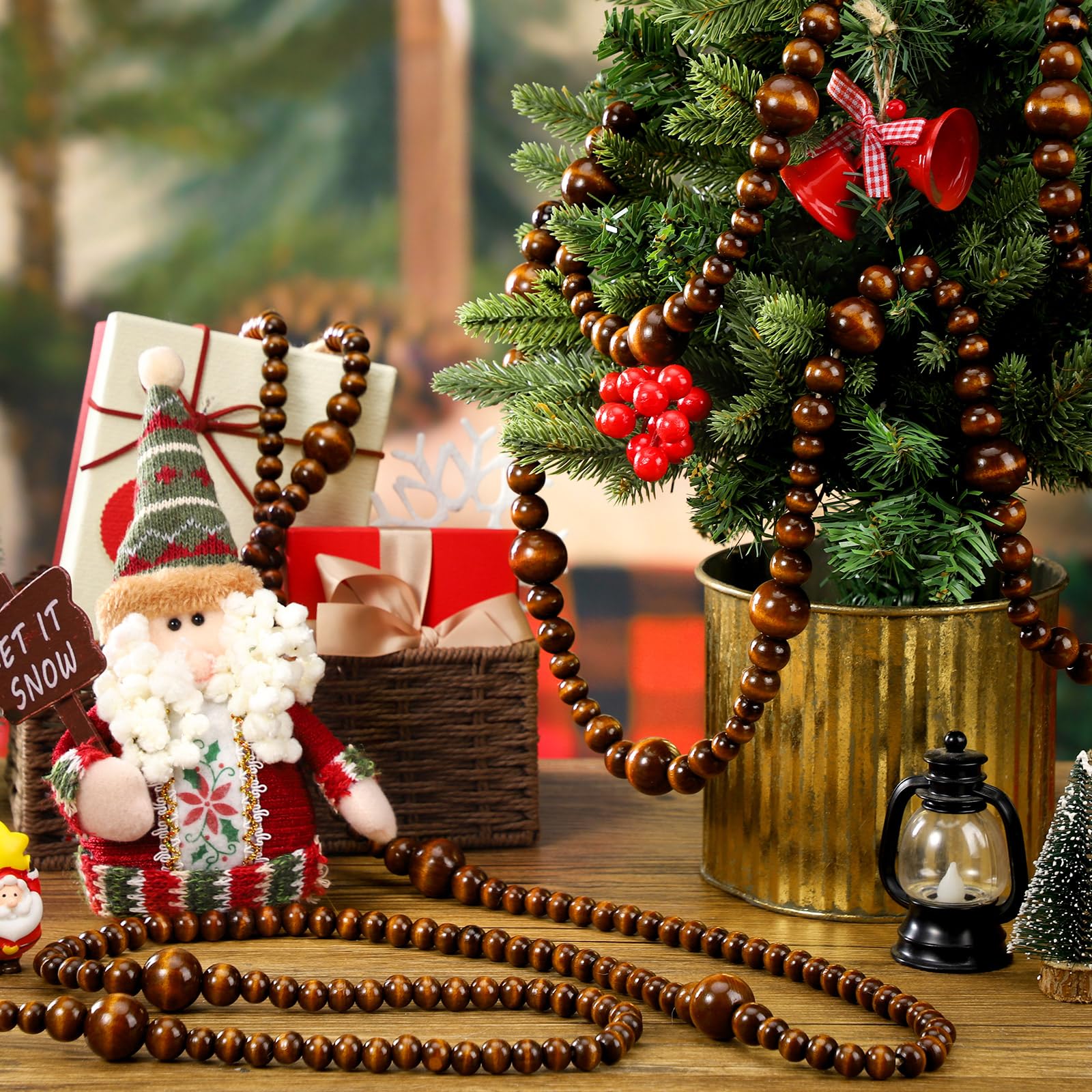 Bucherry 4 Pcs Christmas Wood Bead Garland 28.8 Feet Wooden Beaded Garland Boho Farmhouse Home Decor Hanging Decorations Ornamen