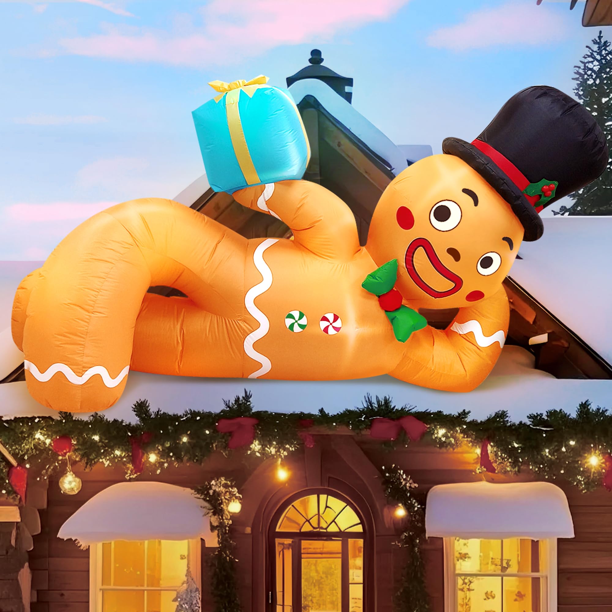 CORALMEE 10 FT Christmas Inflatables Gingerbread Man, Christmas Blow Up Yard Decorations with Built-in LEDs, Lying Gingerbread I