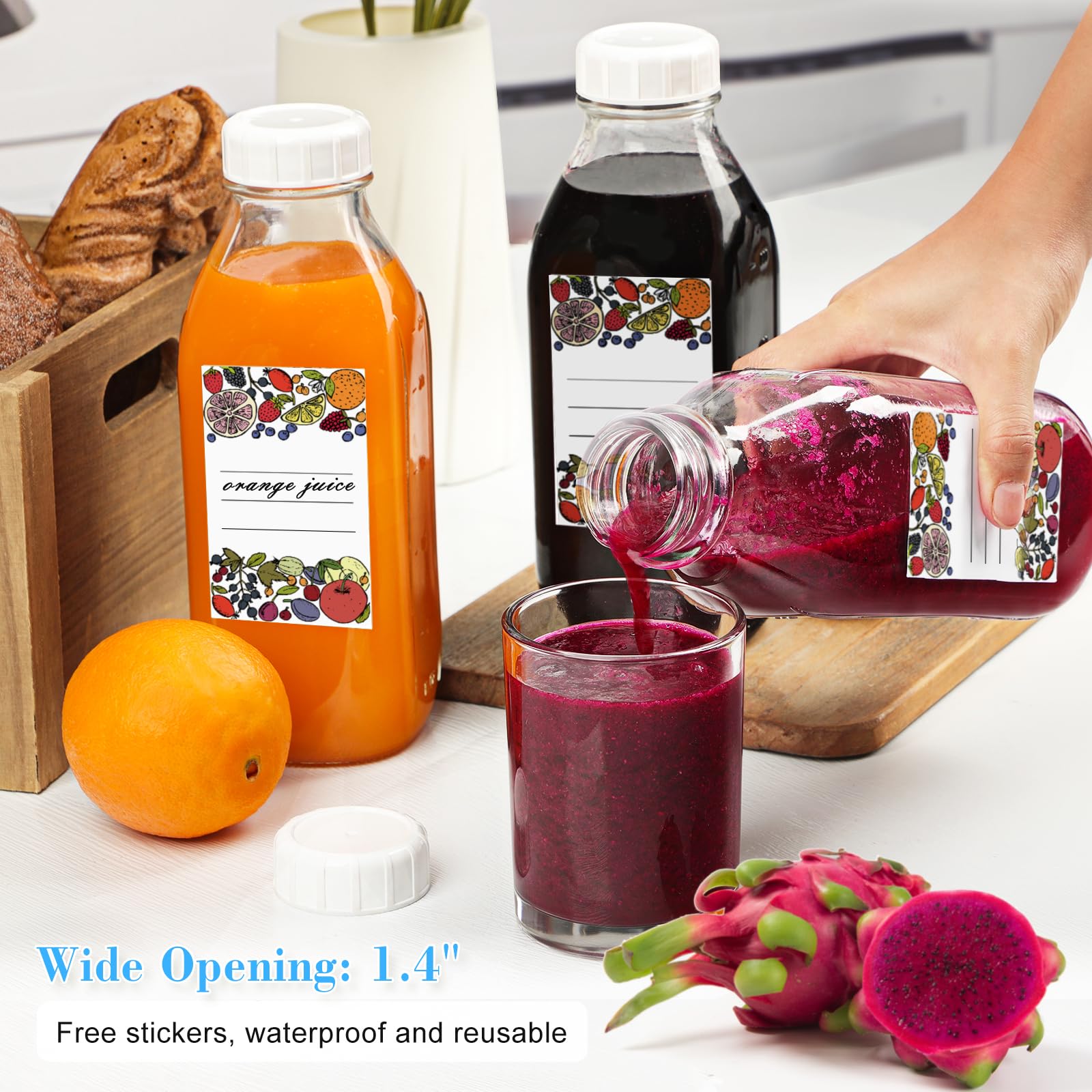 Liter Glass Milk Bottles W Scale, 100% Airtight Heavy Duty Screw Lid - 4 Pack 32 Oz Drinking Jars W Lids - Glass Bottles For Mil