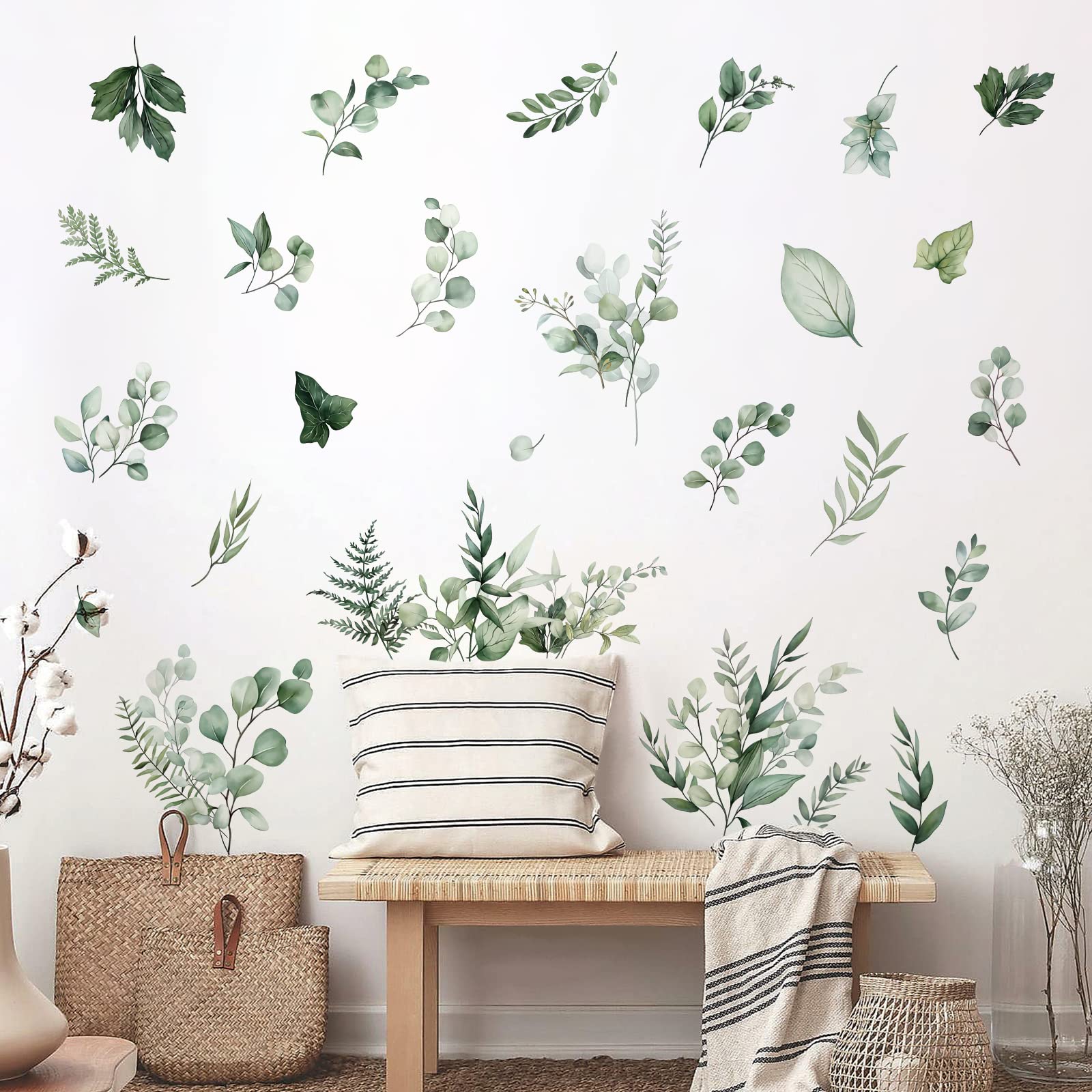 Decalmile Botanical Green Leaves Wall Stickers Eucalyptus Leaf Plants Wall Art Decals Bedroom Living Room Tv Background Wall Dec