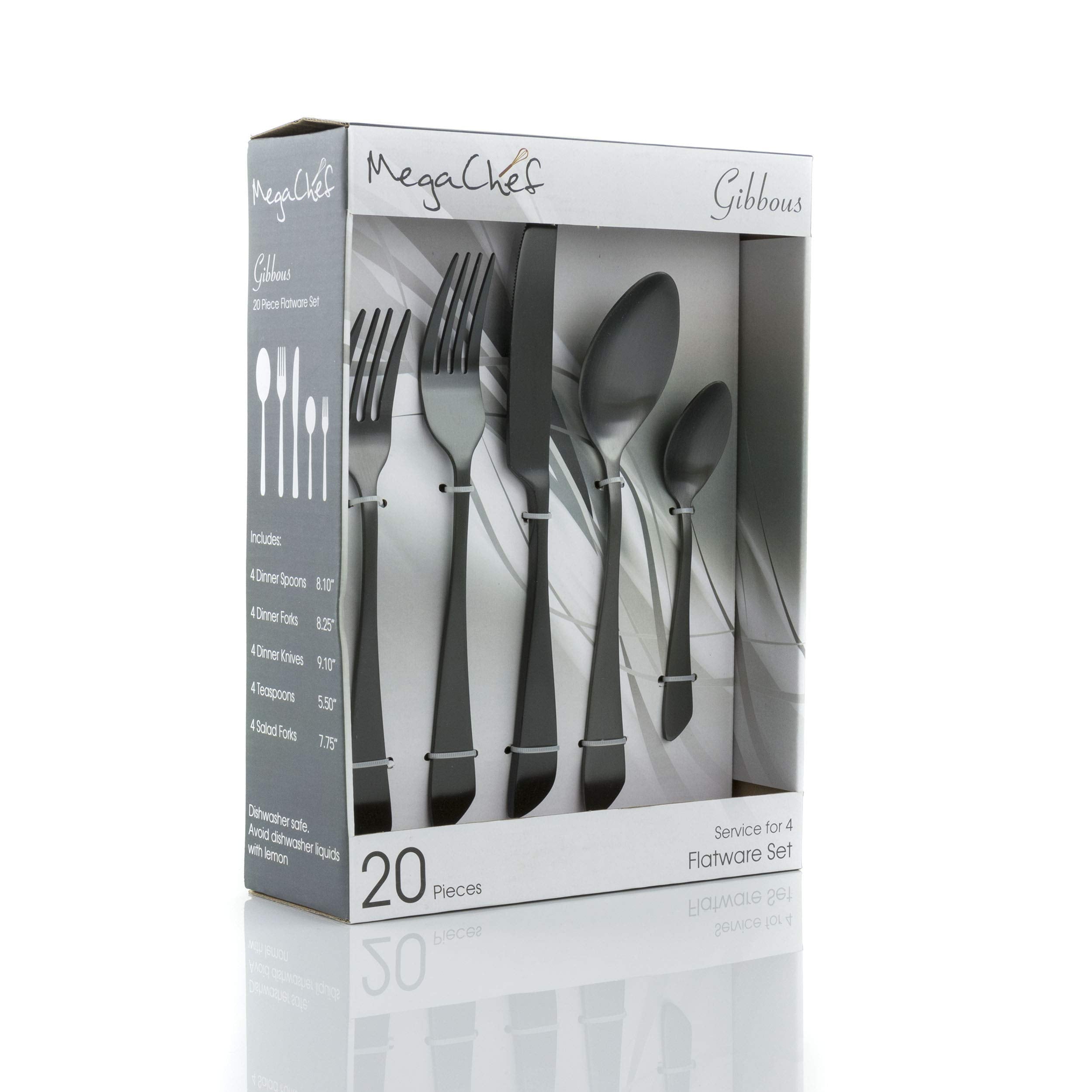 Megachef Gibbous 20 Piece Flatware Utensil Set, Stainless Steel Silverware Metal Service For 4 In Black