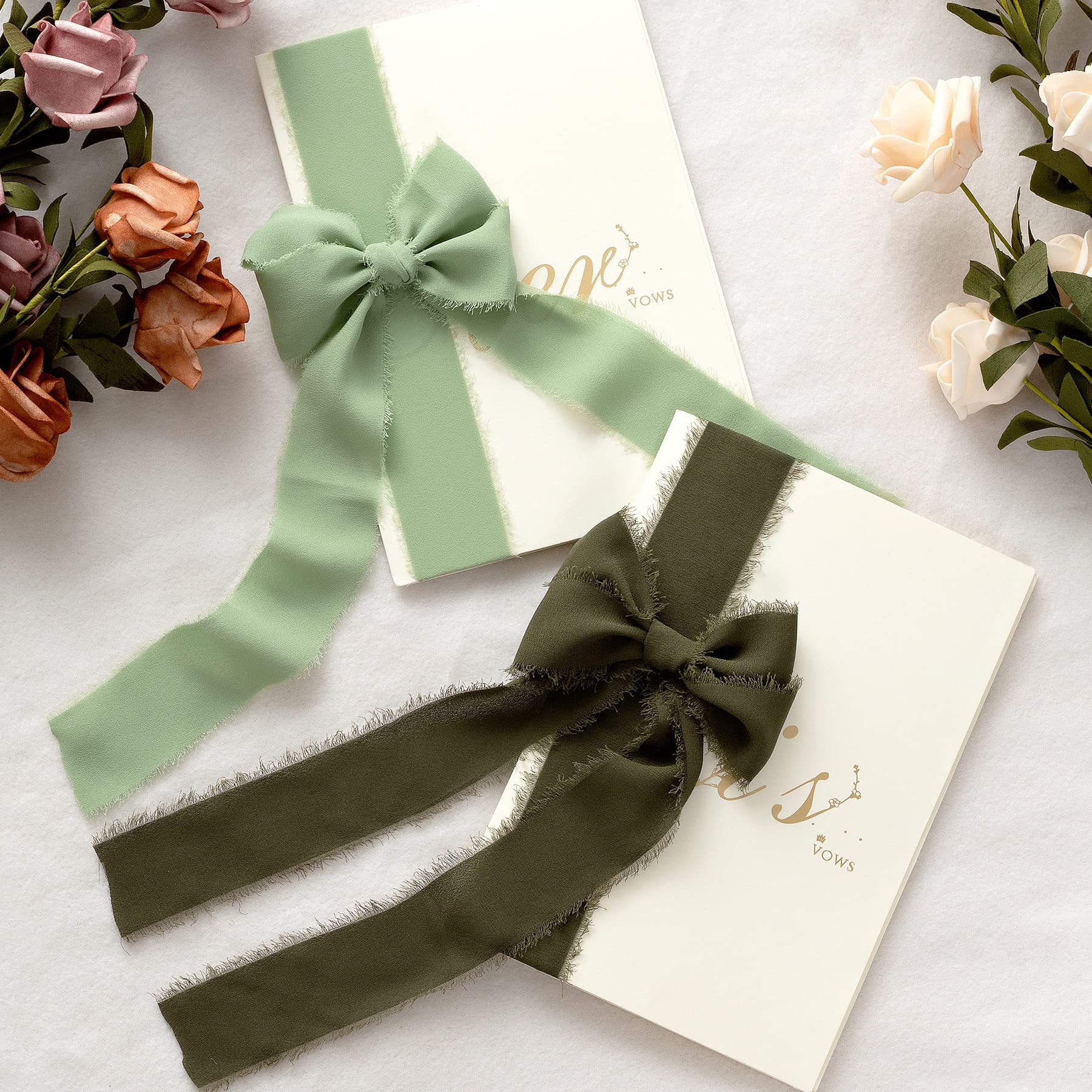Jedia Chiffon Ribbon, 3 Rolls Sage Green Handmade Fringe Chiffon Silk Ribbons, 15 X 7Yd Ribbon Set For Gift Wrapping, Wedding In