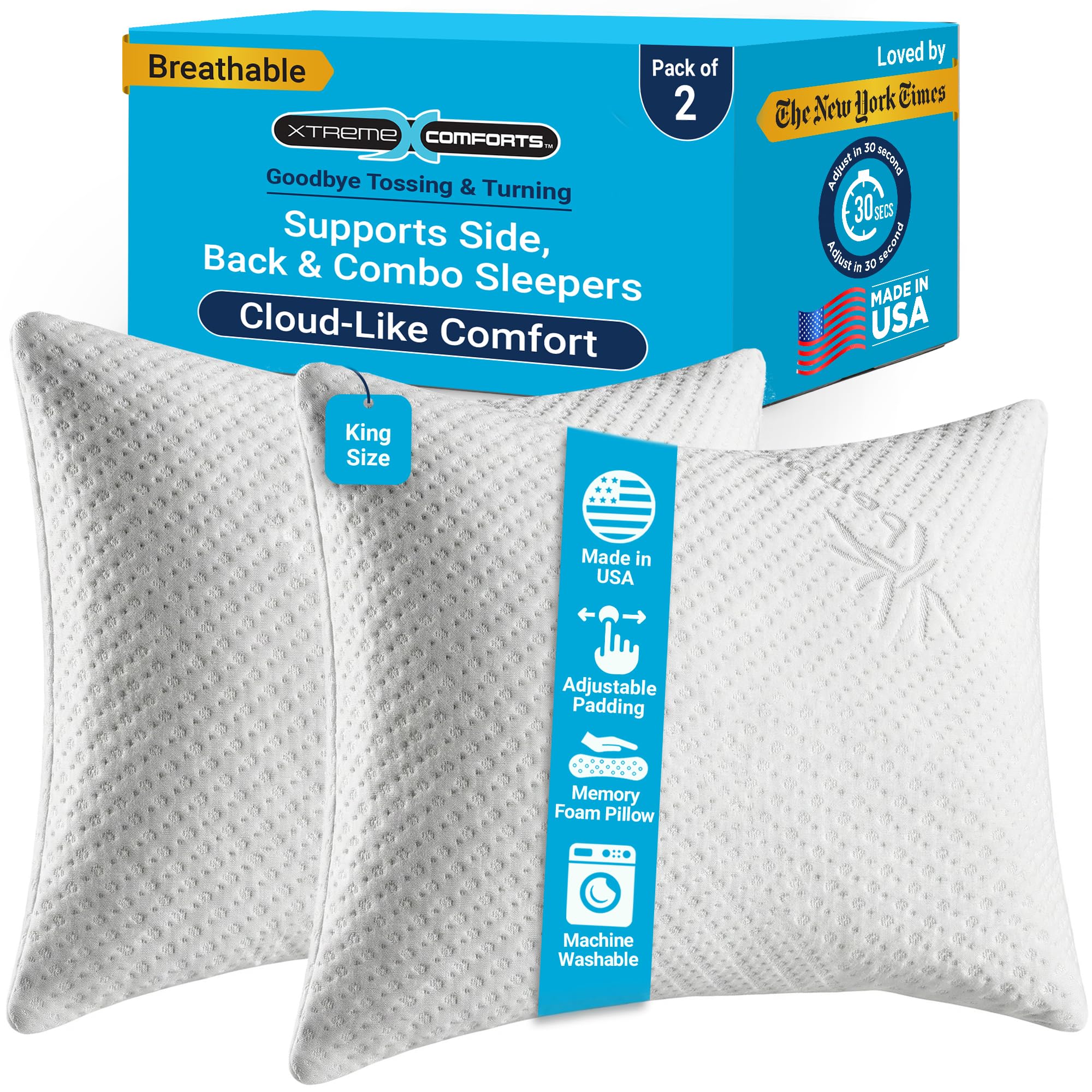 Xtreme Comforts Pillows For Sleeping Made In The Usa - Greenguard Gold Certified Adjustable King Memory Foam Pillow For Side, Ba