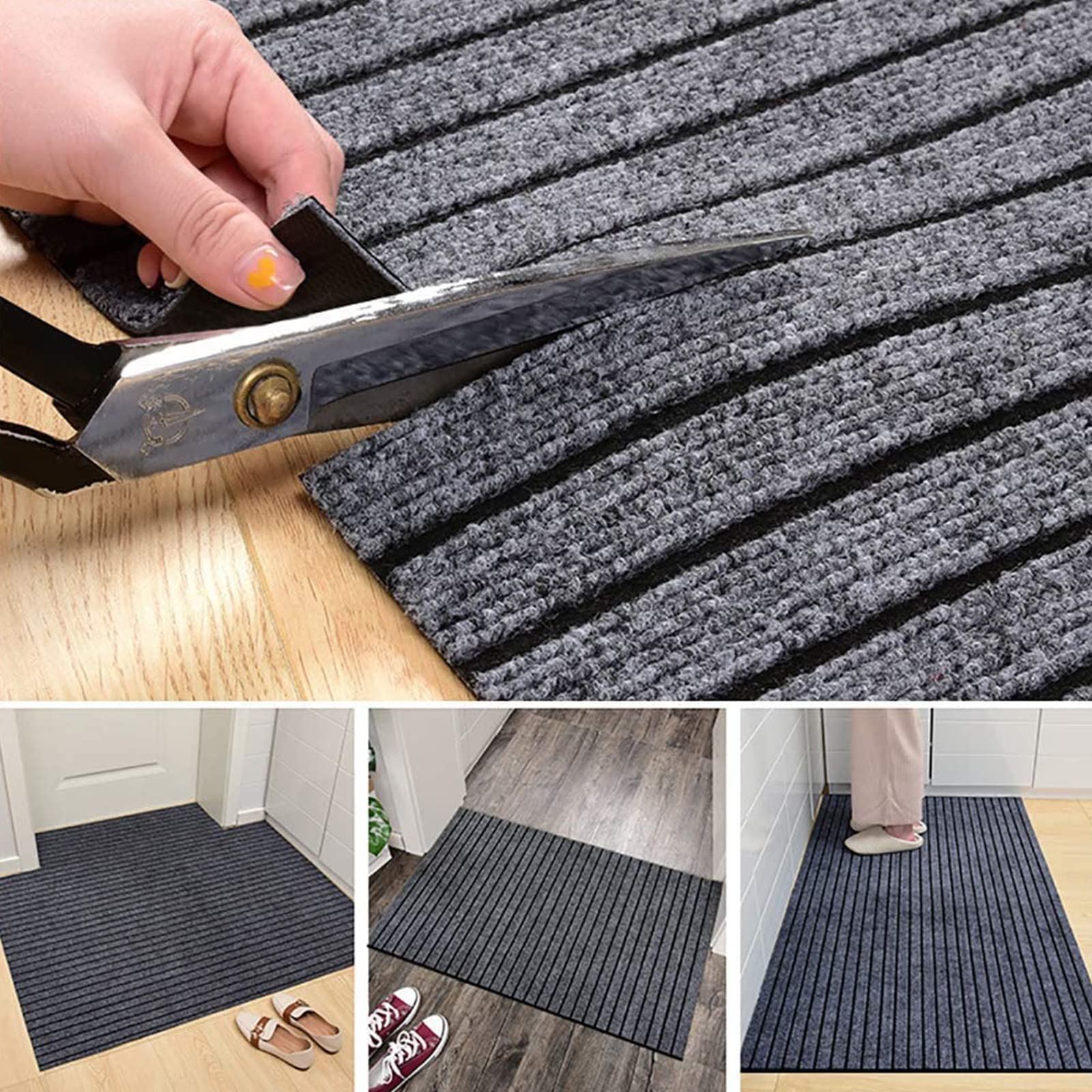 Wolpin Cotton Kitchen Floor Mat Runner With Anti Skid Backing Home Striped Anti Slip Rug (Grey, 40 X 120 Cm)