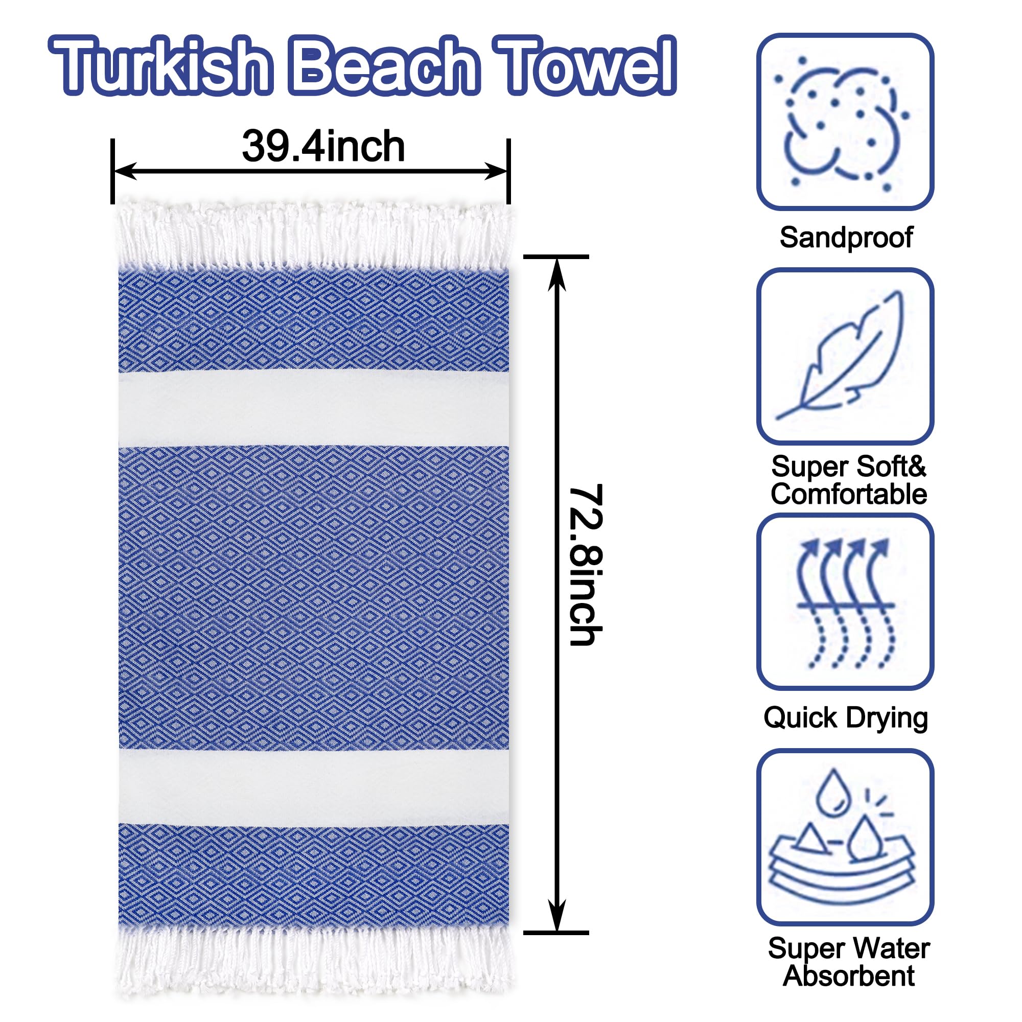 Dlebay Beach Towel 2 Pack,Sand Free Beach Towels Oversized 39 X 72,Turkish Beach Towel Quick Dry,Lightweight Pool Towels For Adu
