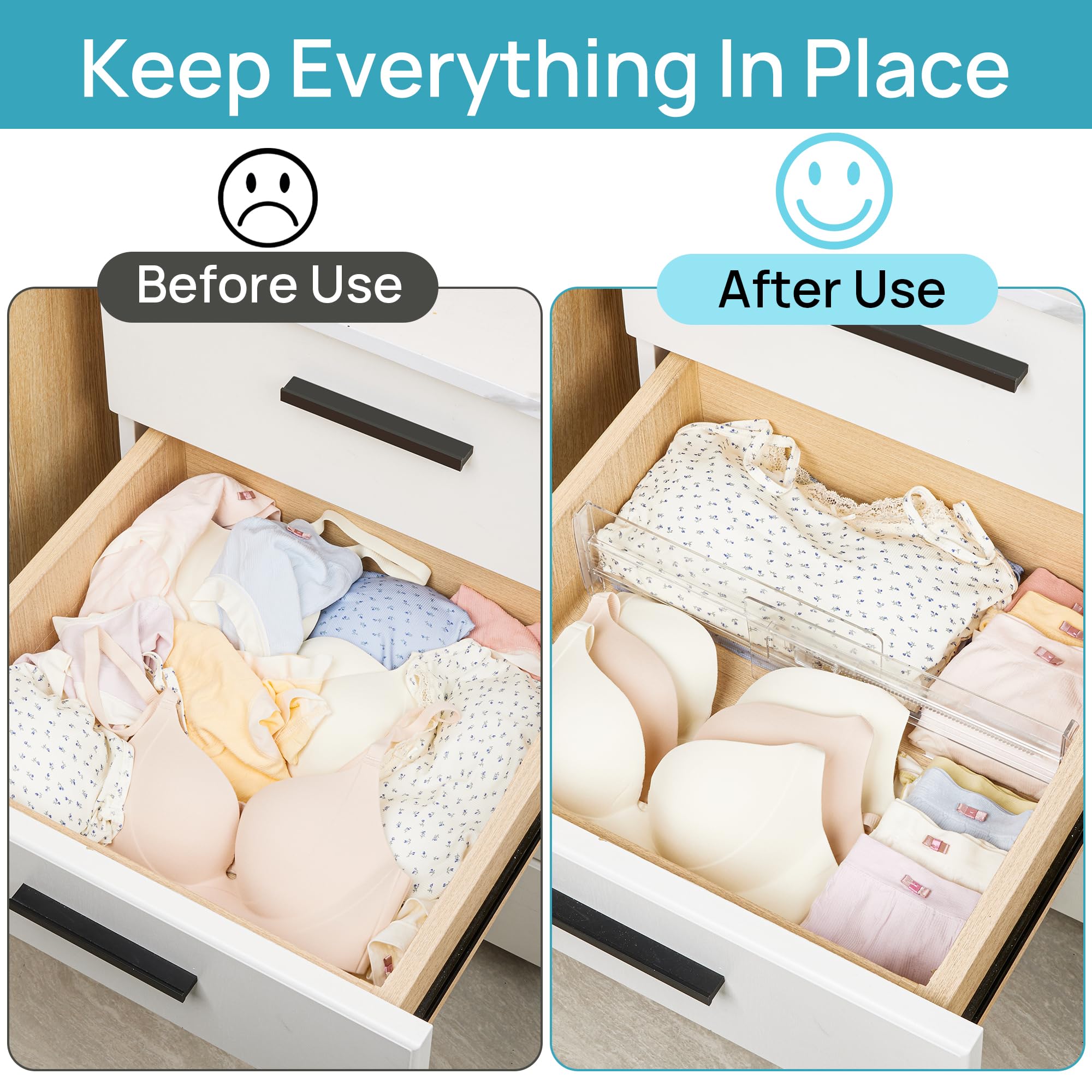 Vtopmart 8 Pack Drawer Dividers for Clothes, Adjustable 4'' High Expandable from 10.6''-17'' Dresser Drawer Organizer, Clear Pla